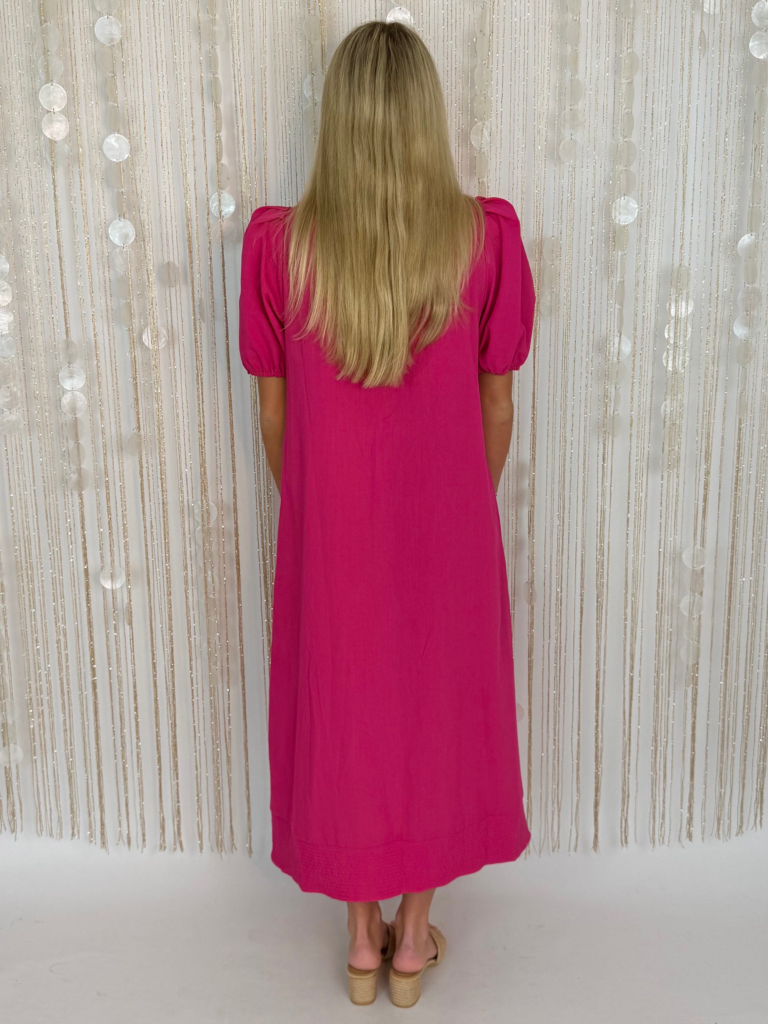 Destined For Hot Pink Ruffle Trim Midi Dress-Shop-Womens-Boutique-Clothing