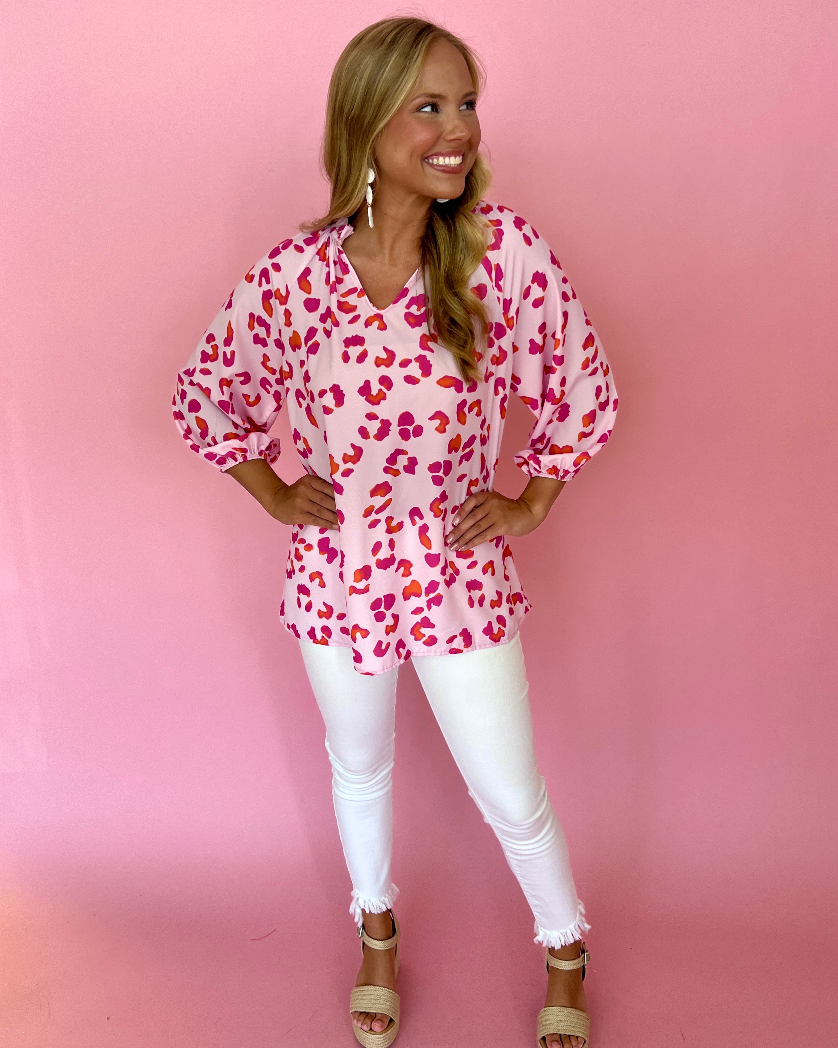 Trust Yourself Pink Leopard Ruffled 3/4 Sleeve Top-Shop-Womens-Boutique-Clothing