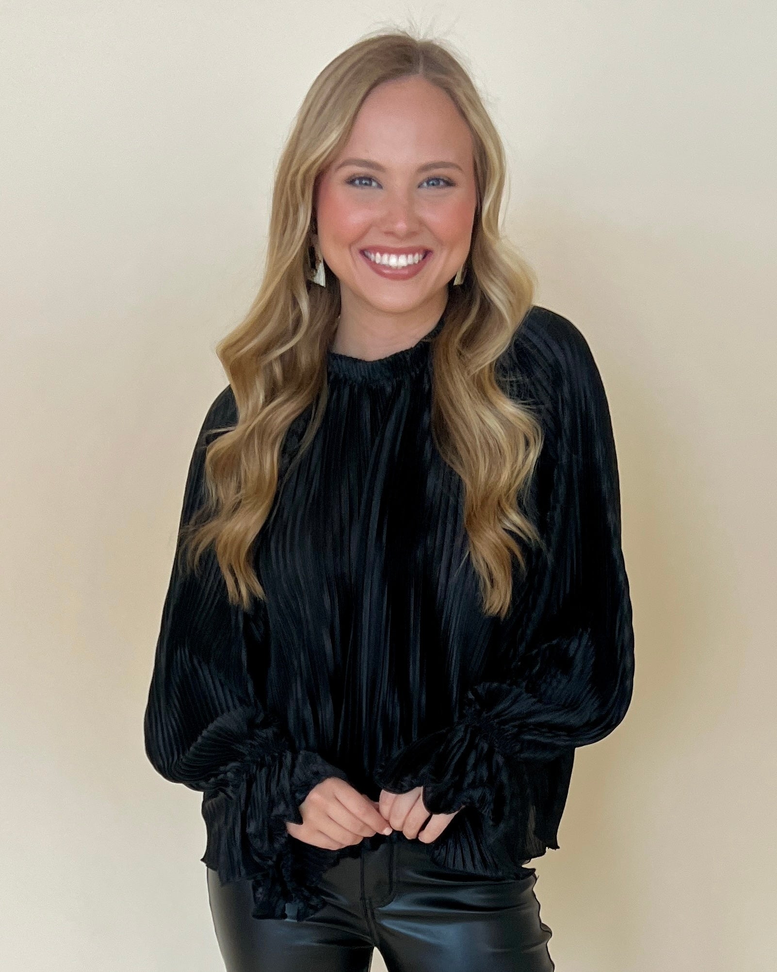 Set It Straight Black Pleated Satin Top-Shop-Womens-Boutique-Clothing