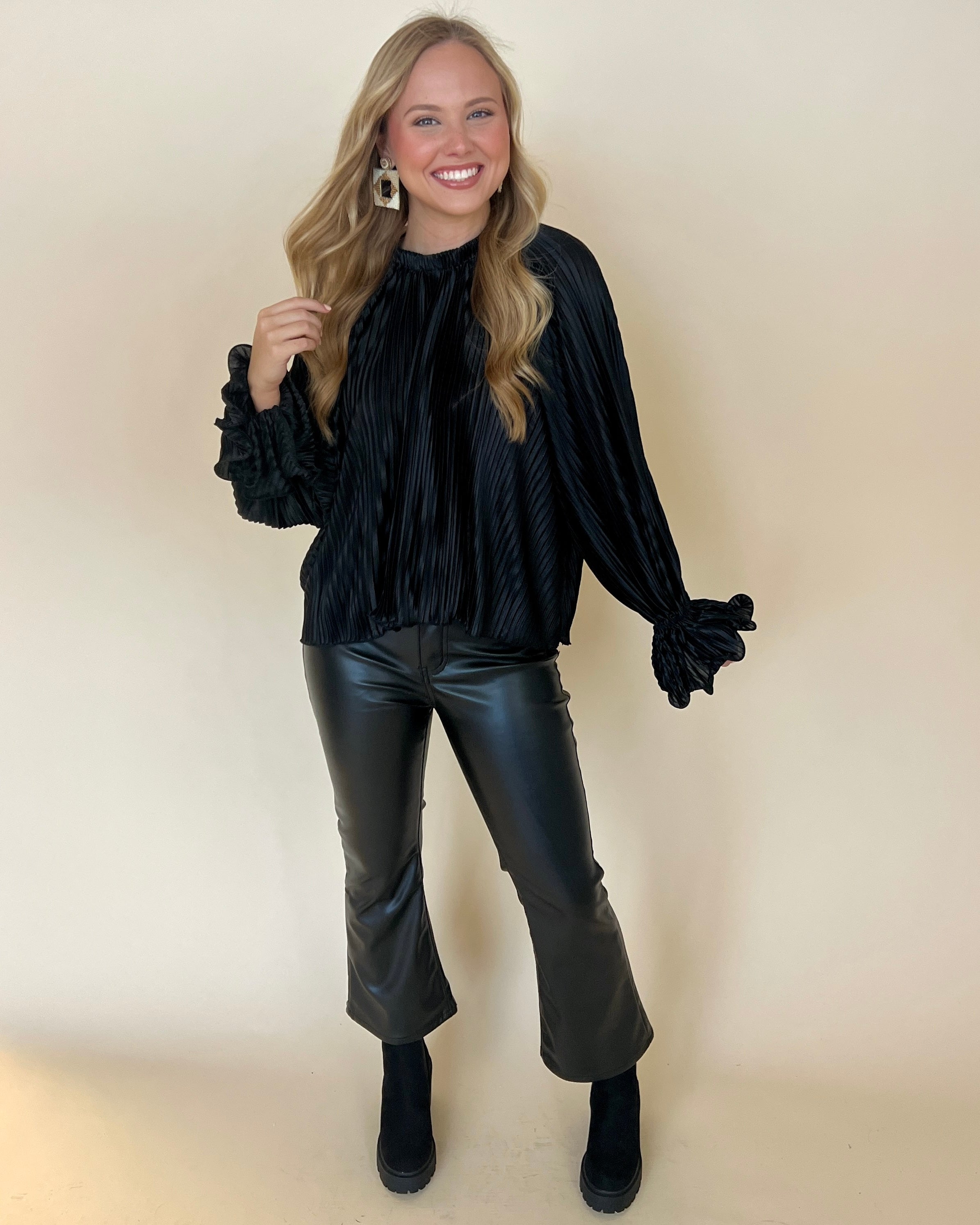 Set It Straight Black Pleated Satin Top-Shop-Womens-Boutique-Clothing