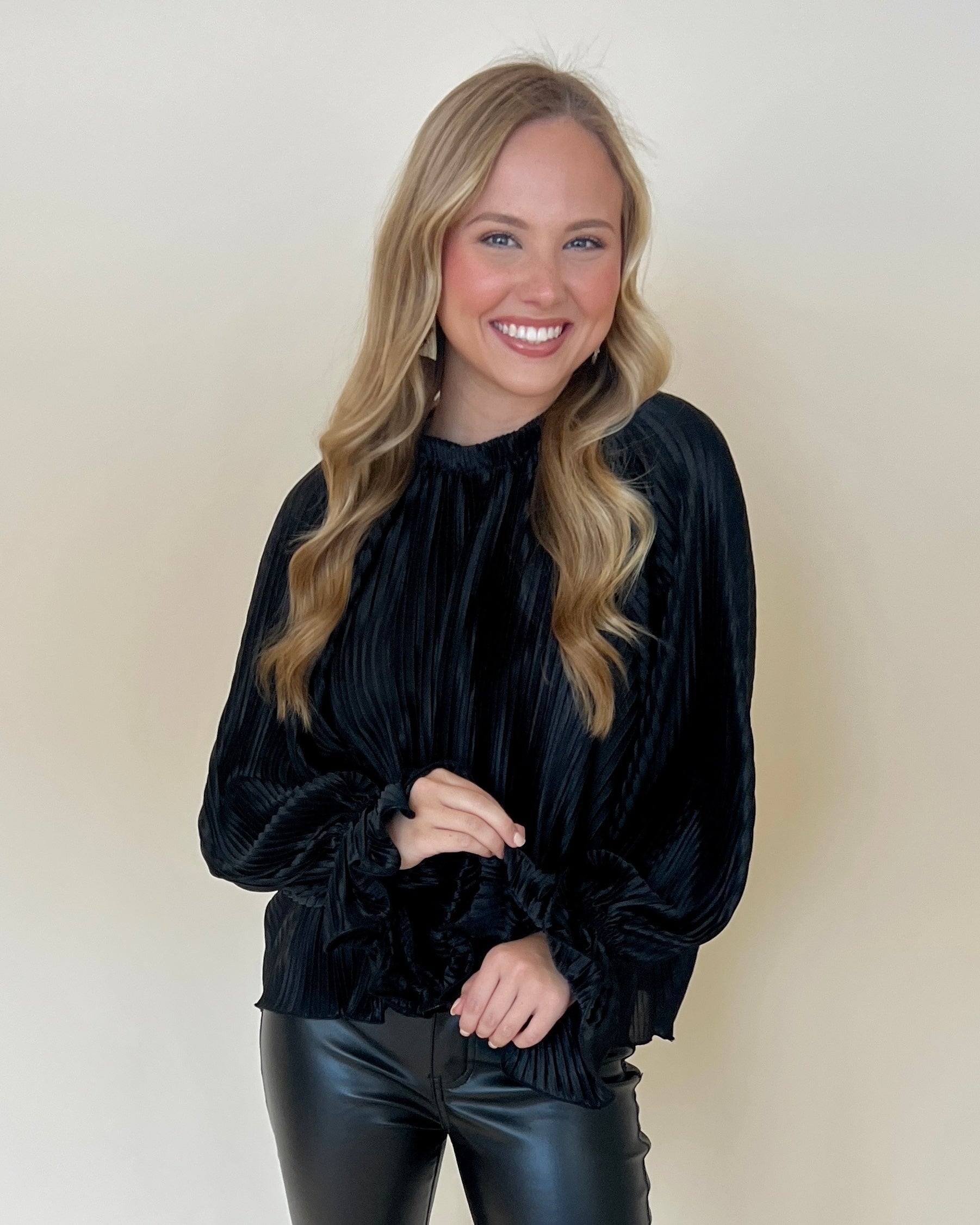 Set It Straight Black Pleated Satin Top-Shop-Womens-Boutique-Clothing
