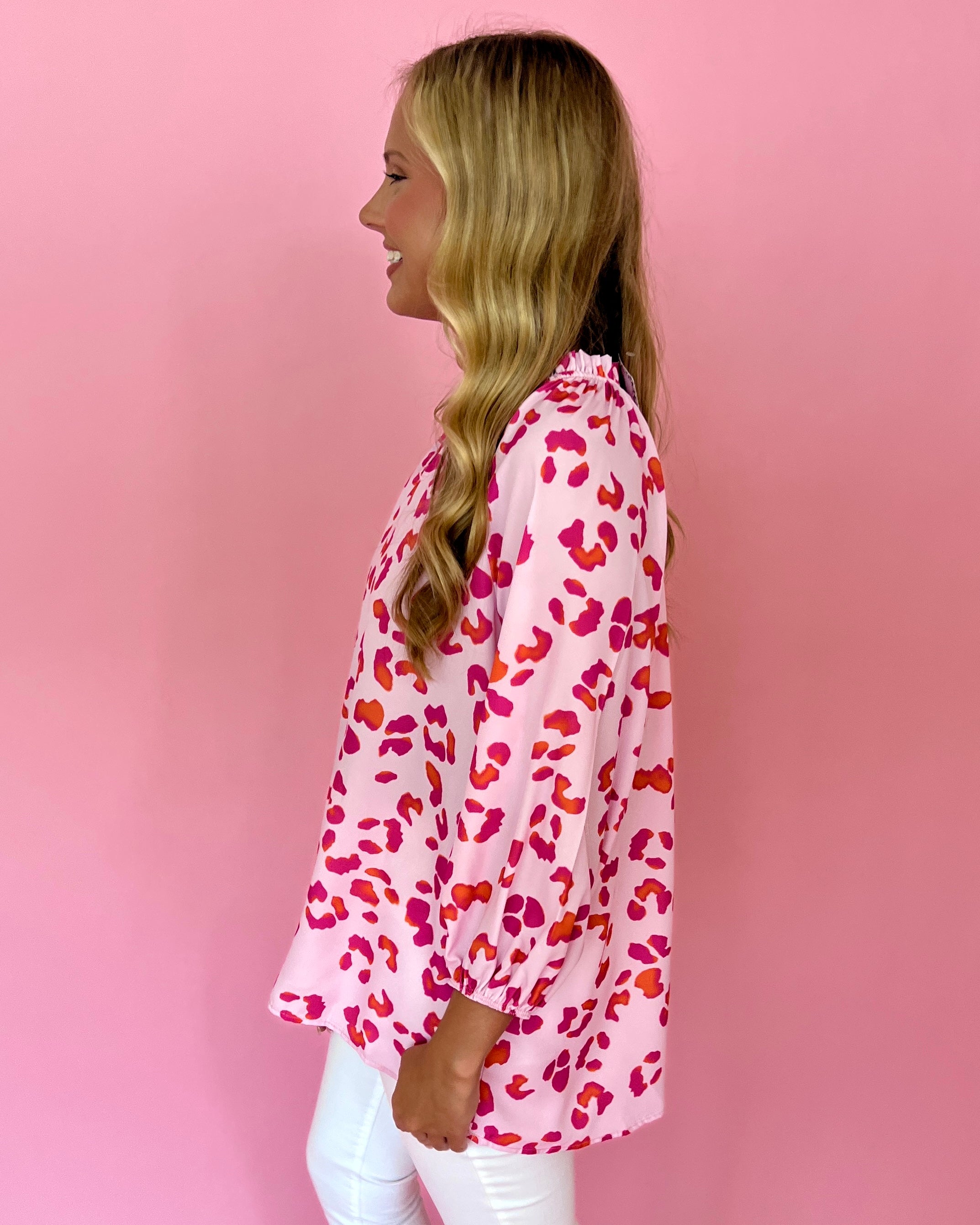 Trust Yourself Pink Leopard Ruffled 3/4 Sleeve Top-Shop-Womens-Boutique-Clothing