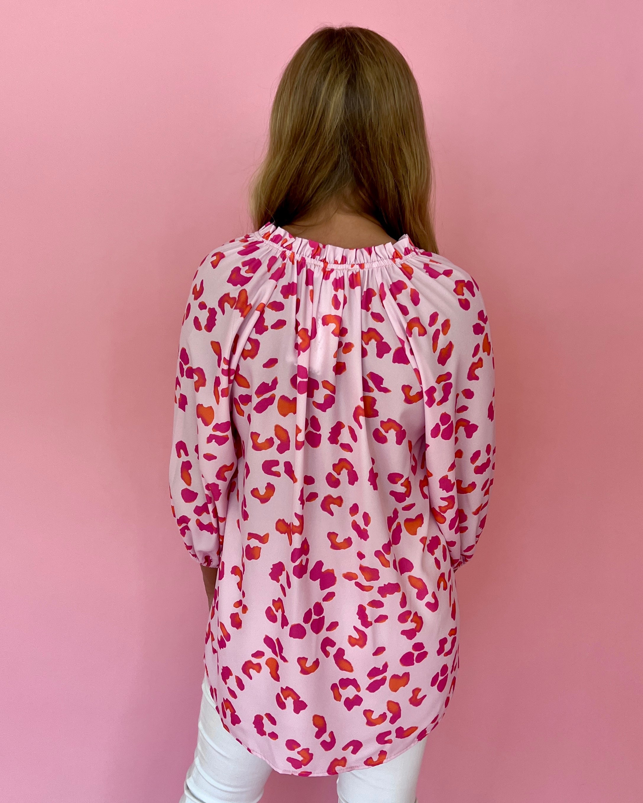 Trust Yourself Pink Leopard Ruffled 3/4 Sleeve Top-Shop-Womens-Boutique-Clothing