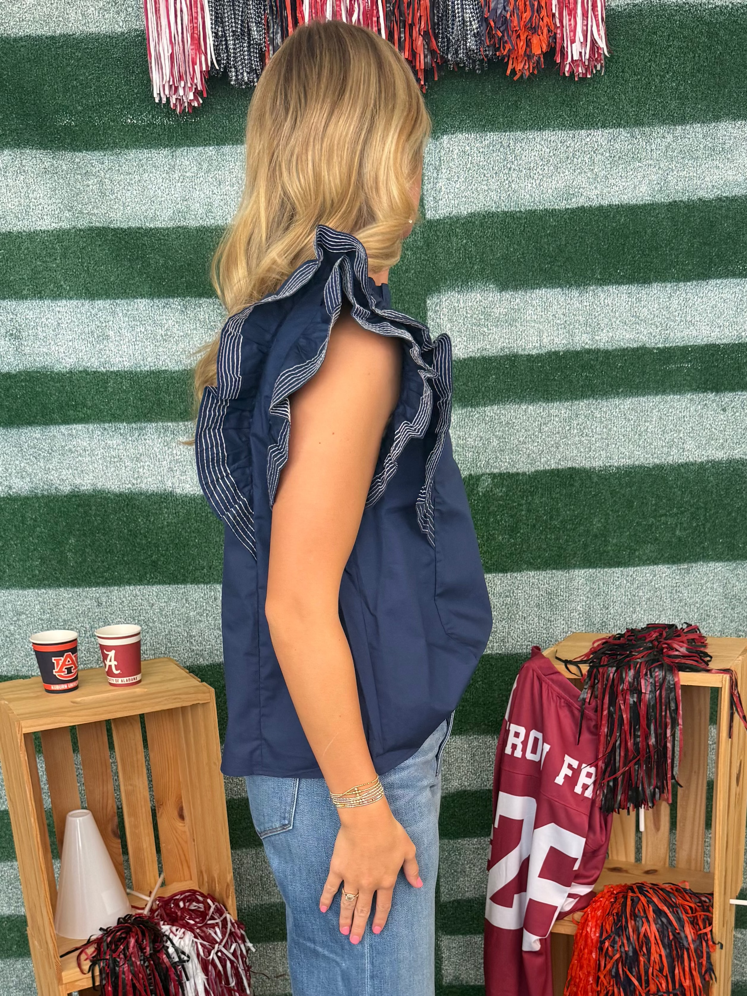 Do Your Thing Navy Ruffle Sleeve Stitch Detail Top-Shop-Womens-Boutique-Clothing