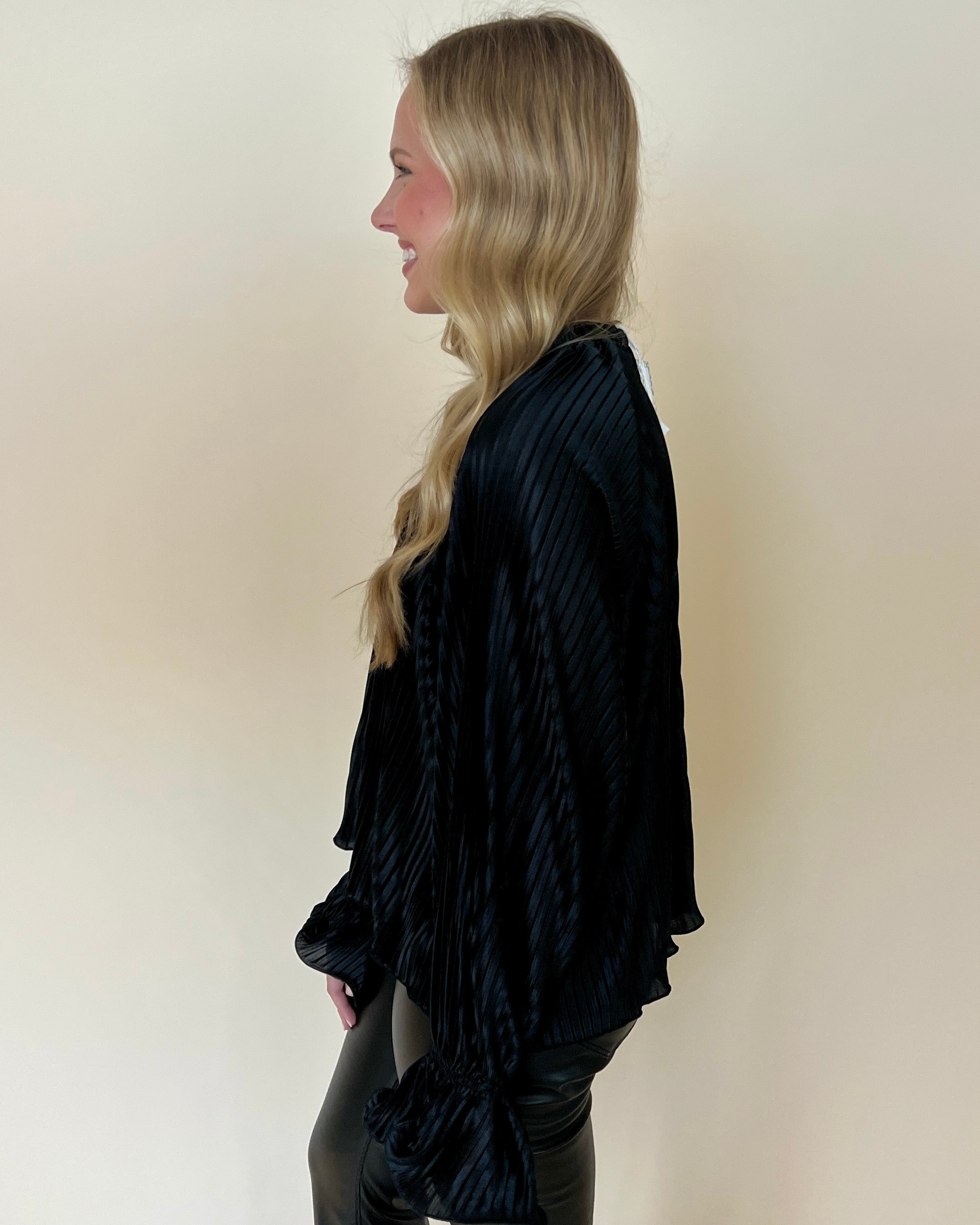 Set It Straight Black Pleated Satin Top-Shop-Womens-Boutique-Clothing