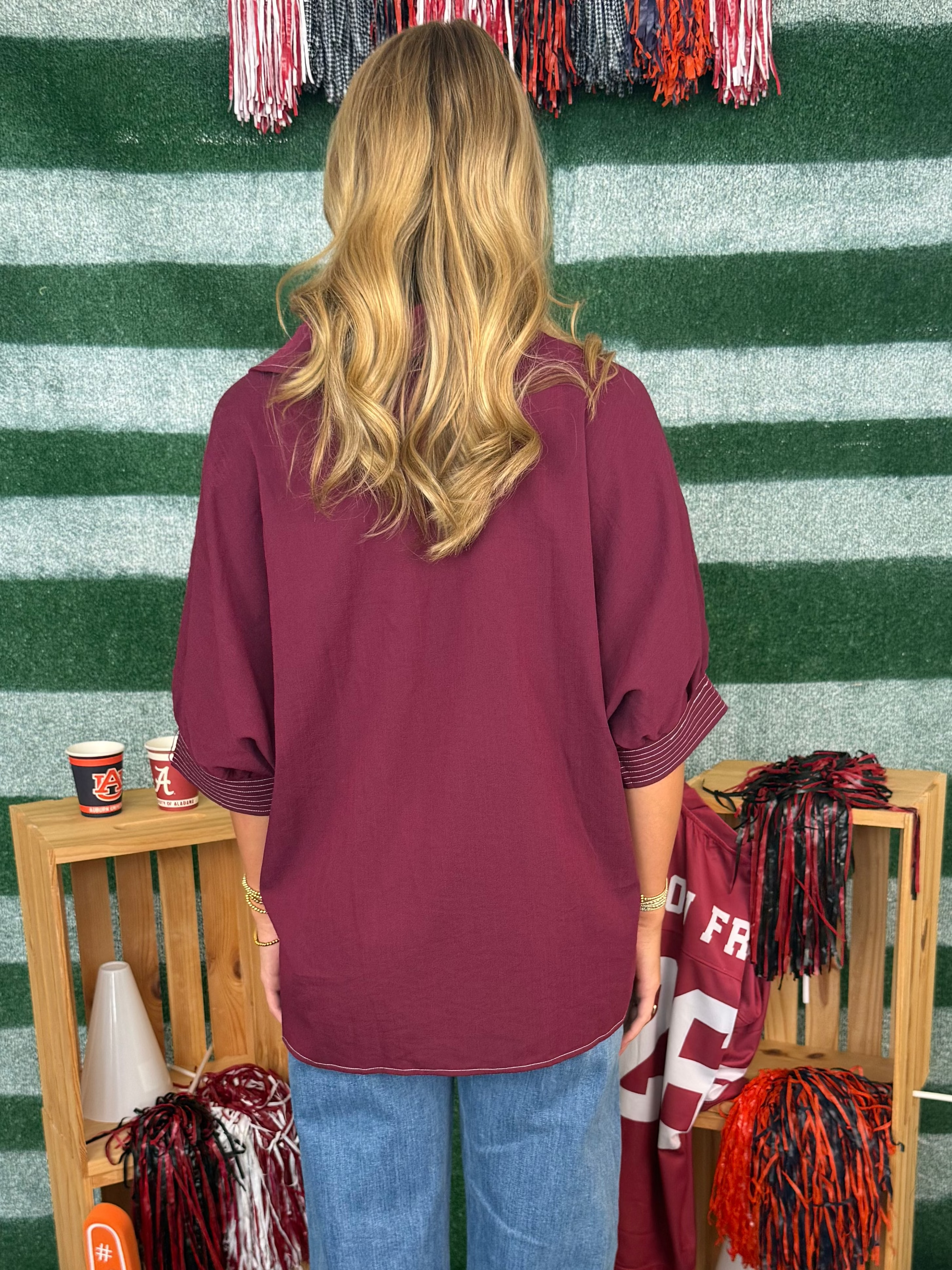 Final Drive Merlot V-Neck Stitch Collared Top-Shop-Womens-Boutique-Clothing