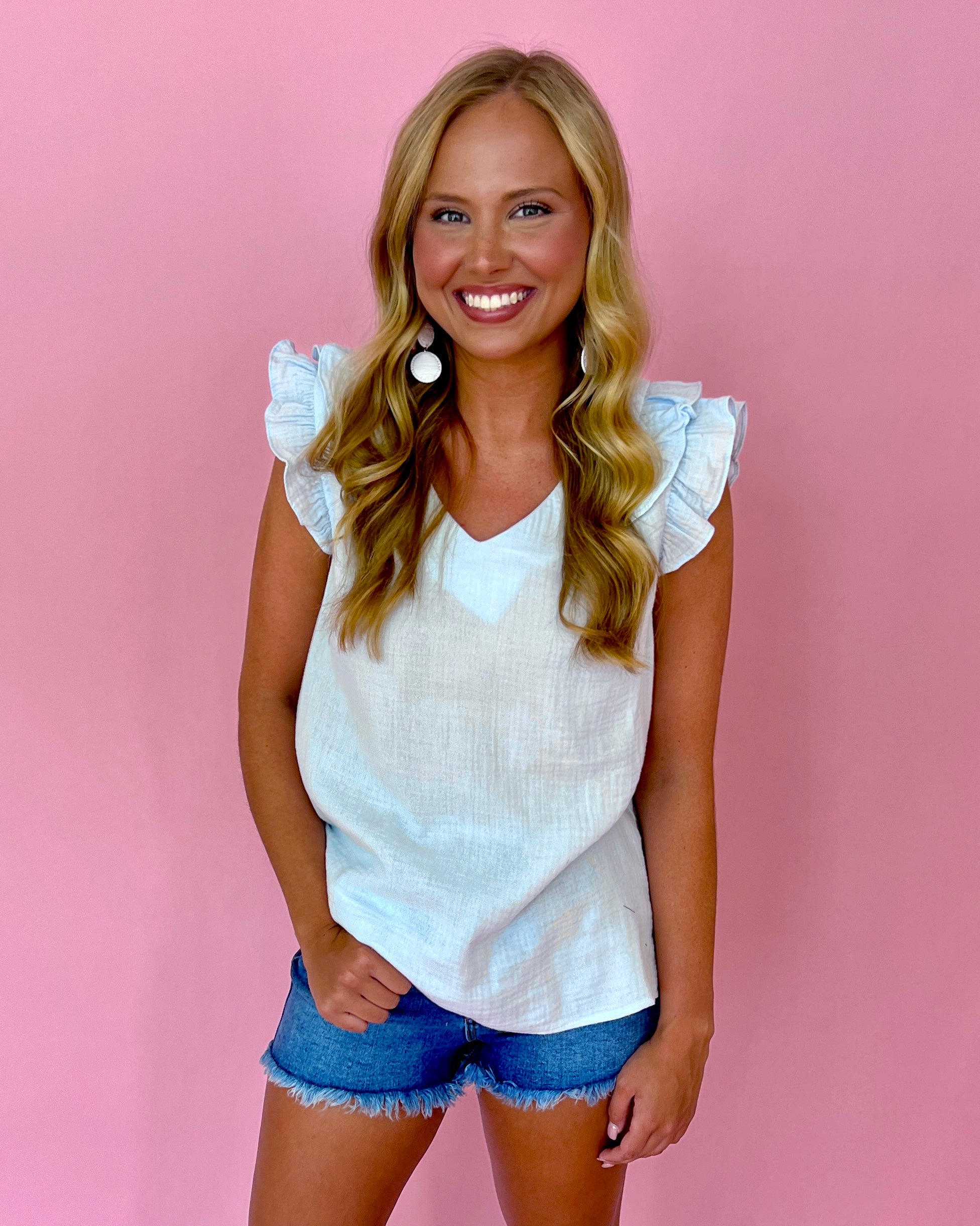 Take Me Home Blue Ruffle Gauze V-neck Top-Shop-Womens-Boutique-Clothing