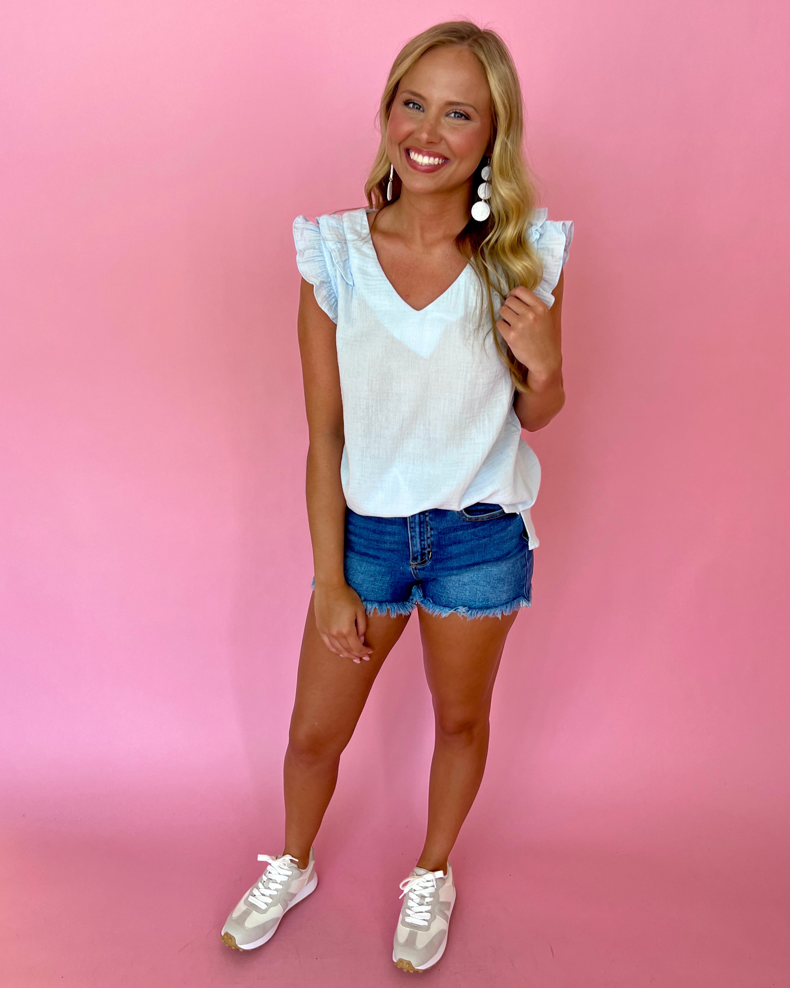 Take Me Home Blue Ruffle Gauze V-neck Top-Shop-Womens-Boutique-Clothing