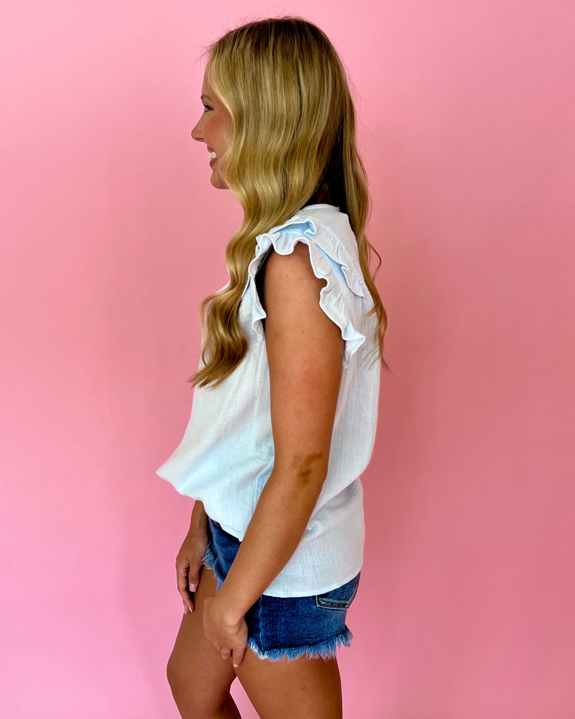 Take Me Home Blue Ruffle Gauze V-neck Top-Shop-Womens-Boutique-Clothing