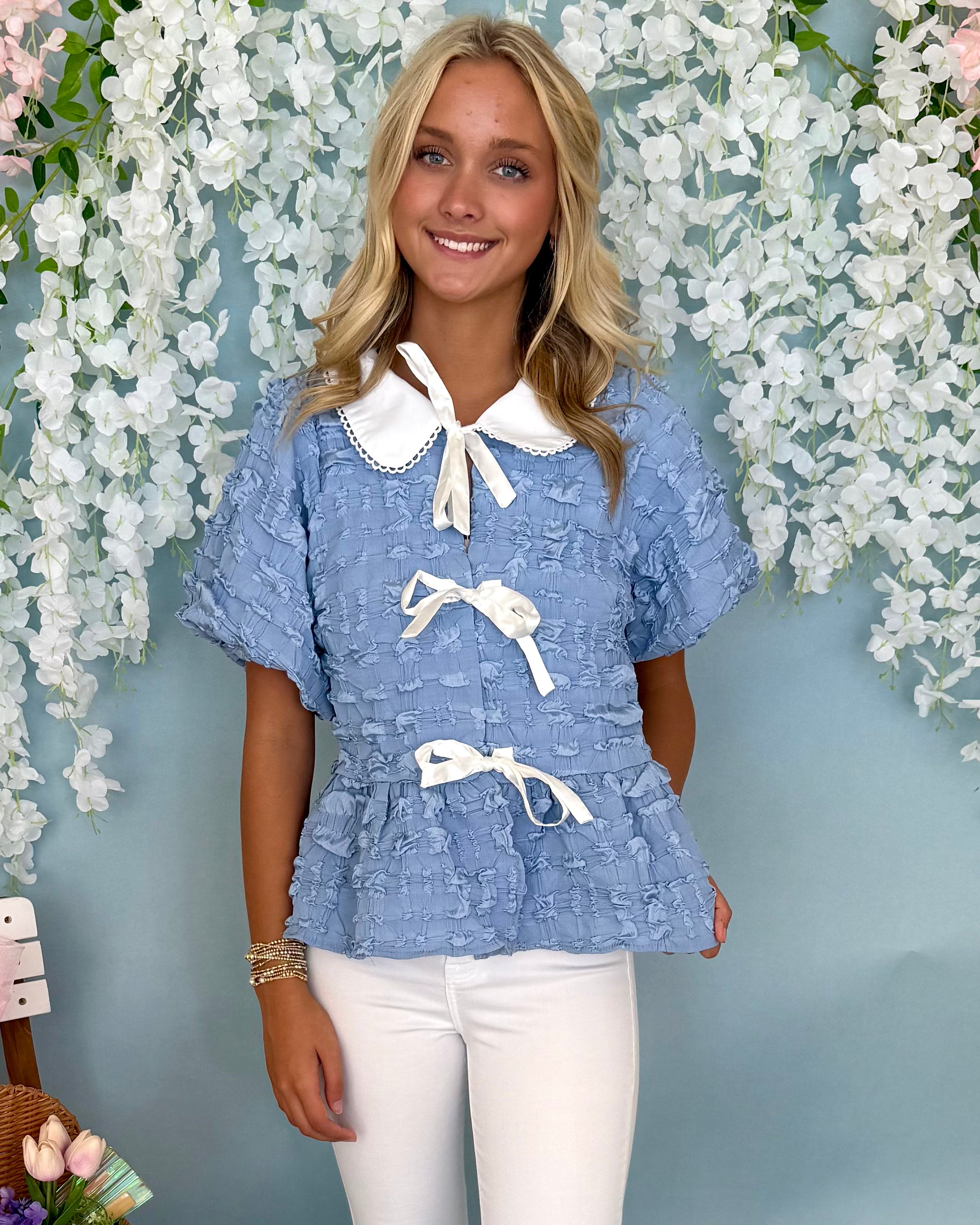 Gleaming Smile Blue Front Tie Peplum Top-Shop-Womens-Boutique-Clothing