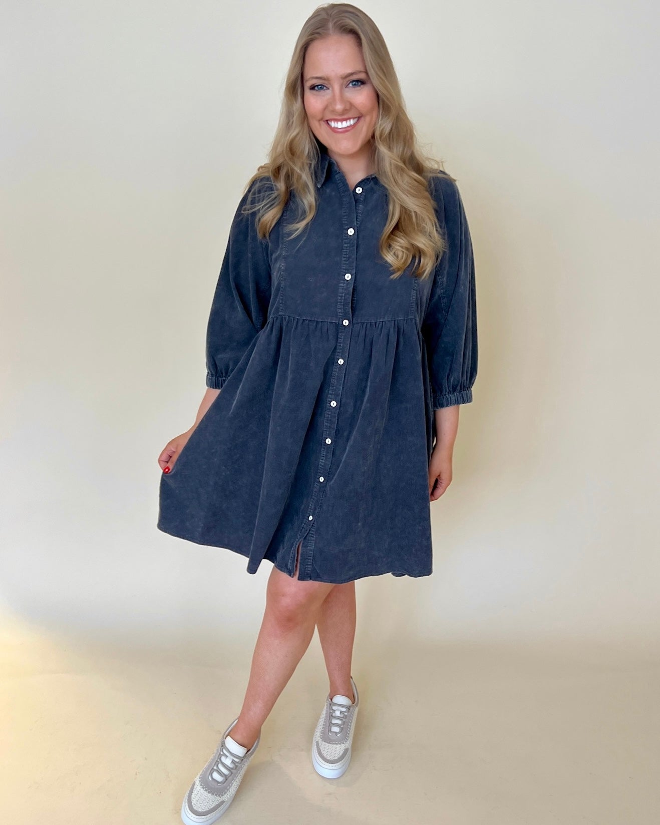 So Fun Dark Grey Plus Button Down Dress-Shop-Womens-Boutique-Clothing