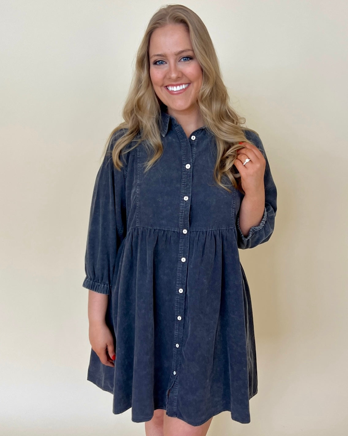So Fun Dark Grey Plus Button Down Dress-Shop-Womens-Boutique-Clothing
