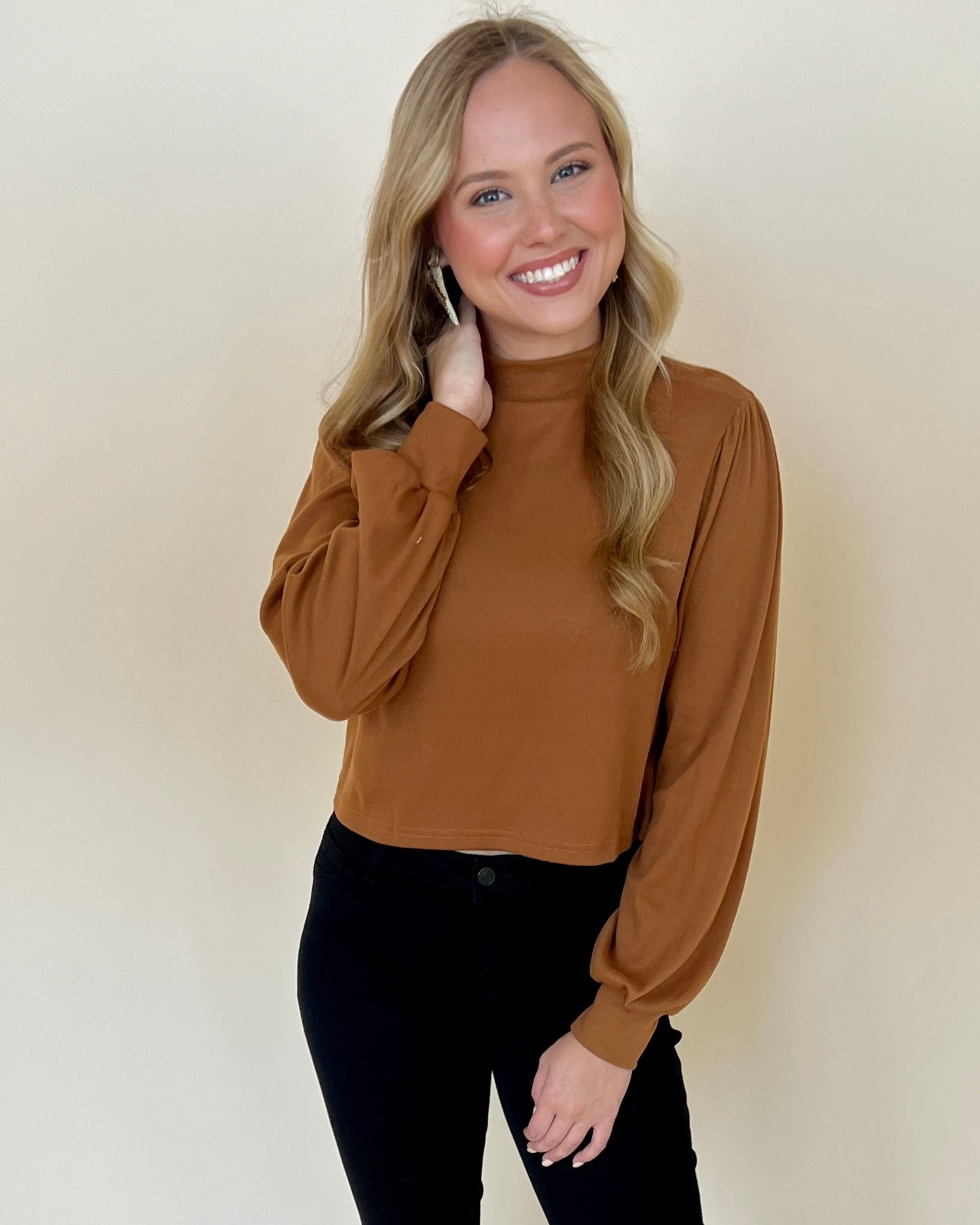 Catching Feelings Camel Puff Sleeve Crop Top-Shop-Womens-Boutique-Clothing