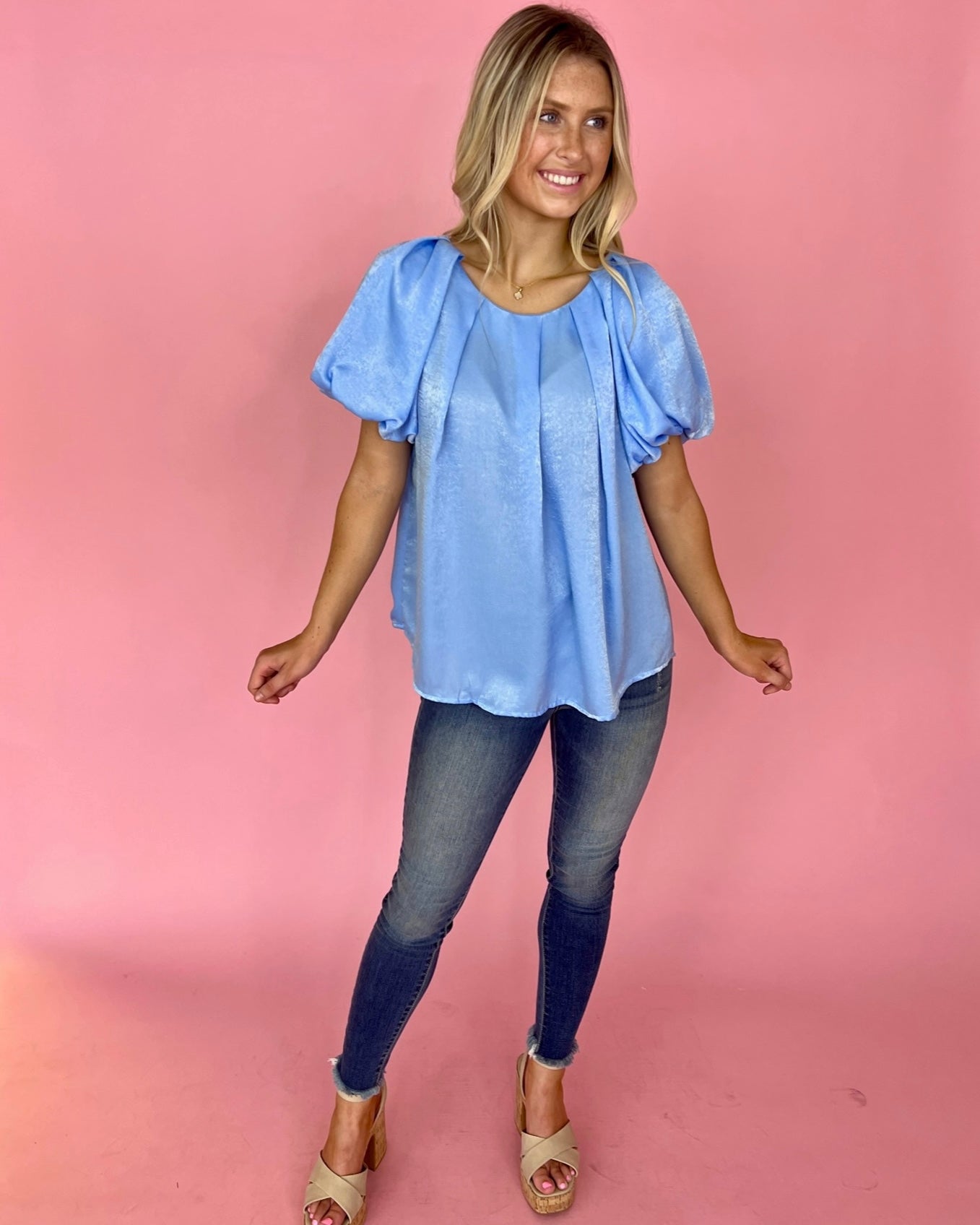 A New Opportunity Sky Blue Satin Puff Sleeve Top-Shop-Womens-Boutique-Clothing