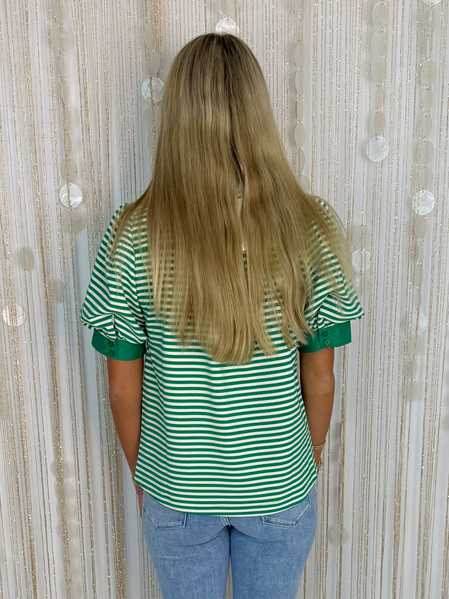 Always In Style Kelly Green Stripe V Yoke Top-Shop-Womens-Boutique-Clothing