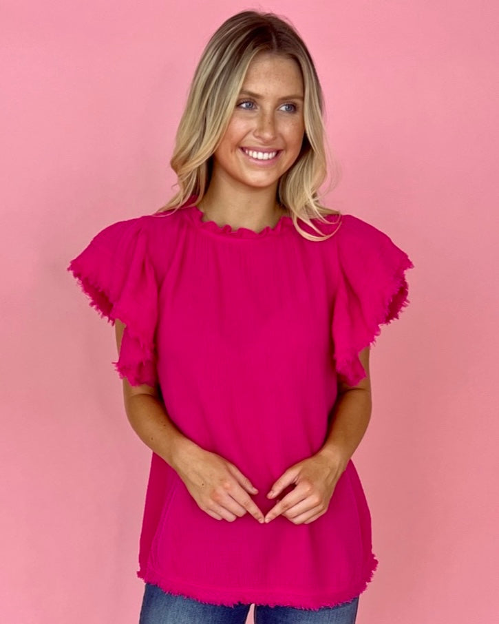 Make No Mistakes Hot Pink Ruffle Sleeve High Neck Top-Shop-Womens-Boutique-Clothing