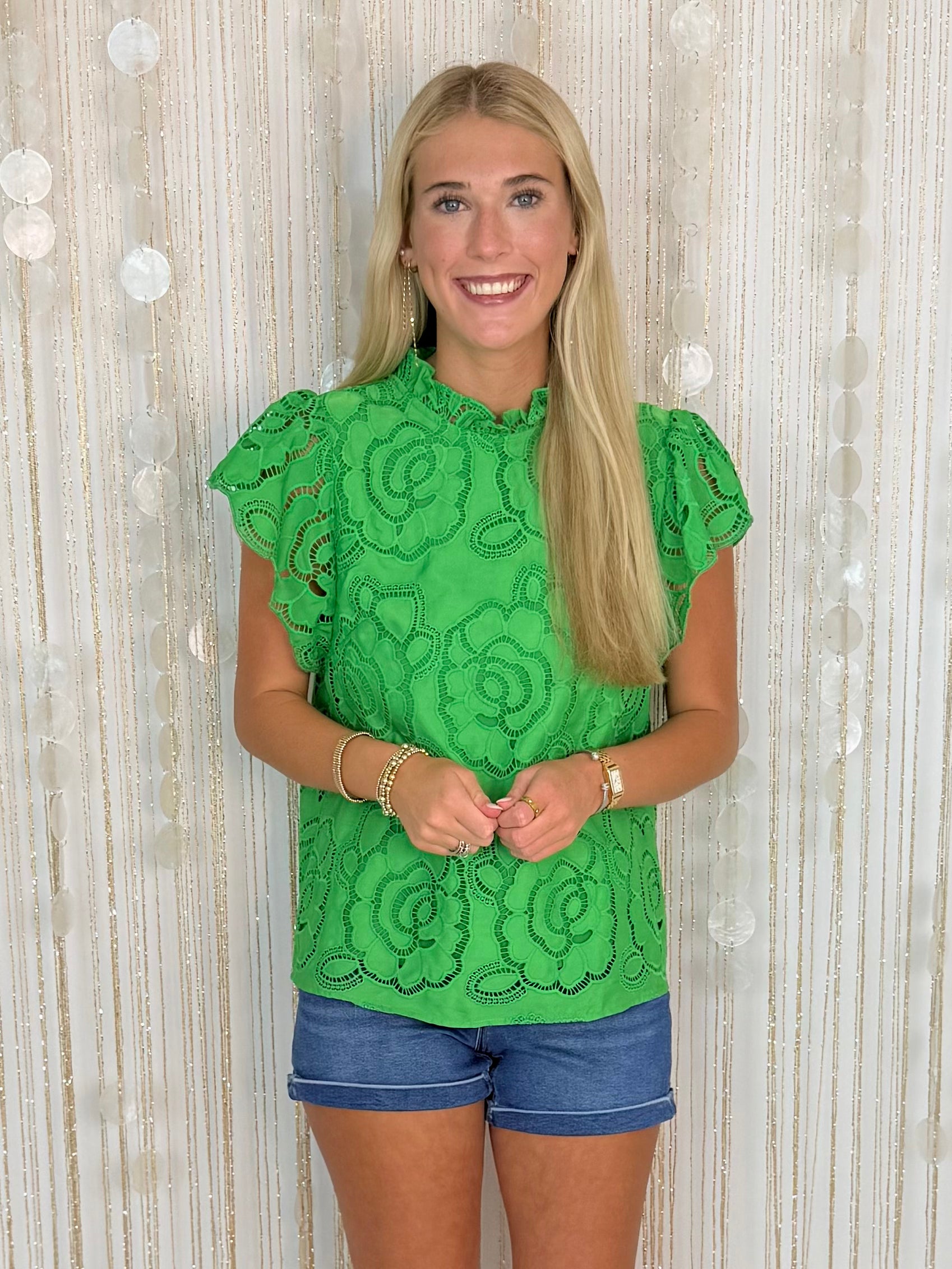 Garden Escape Kelly Green Floral Eyelet Top-Shop-Womens-Boutique-Clothing