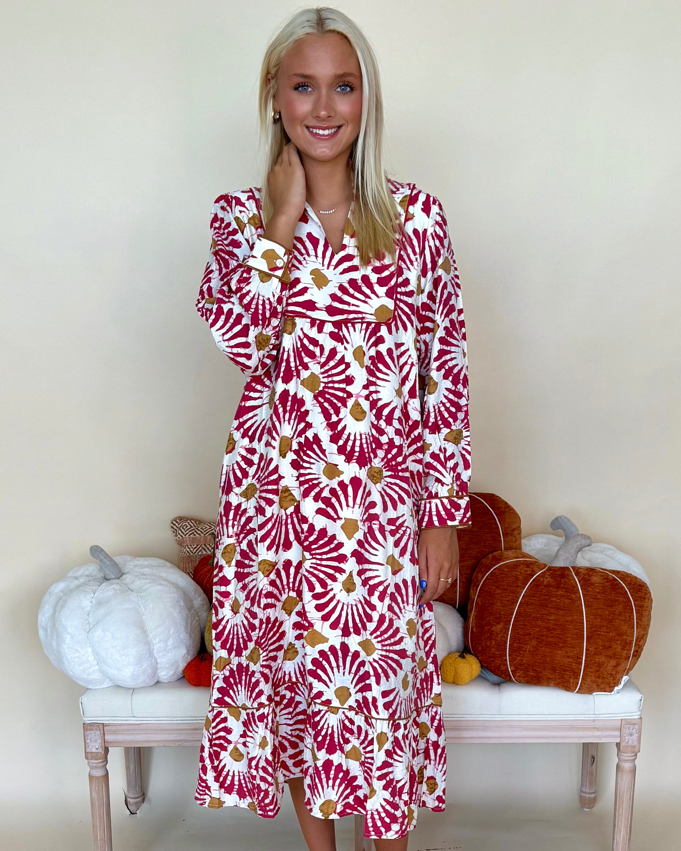 Midnight Garden Magenta Boho Print Midi Dress-Shop-Womens-Boutique-Clothing