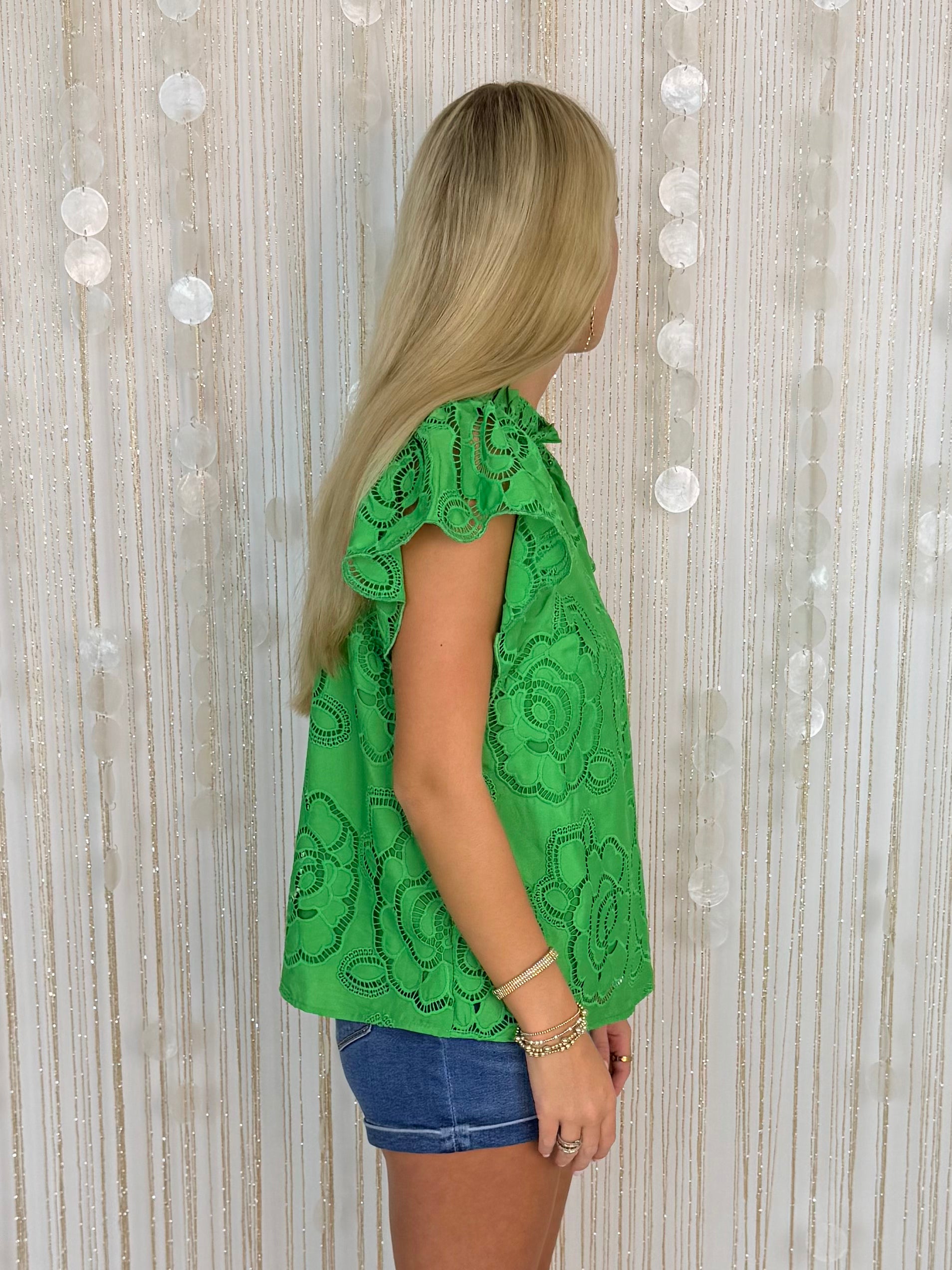 Garden Escape Kelly Green Floral Eyelet Top-Shop-Womens-Boutique-Clothing
