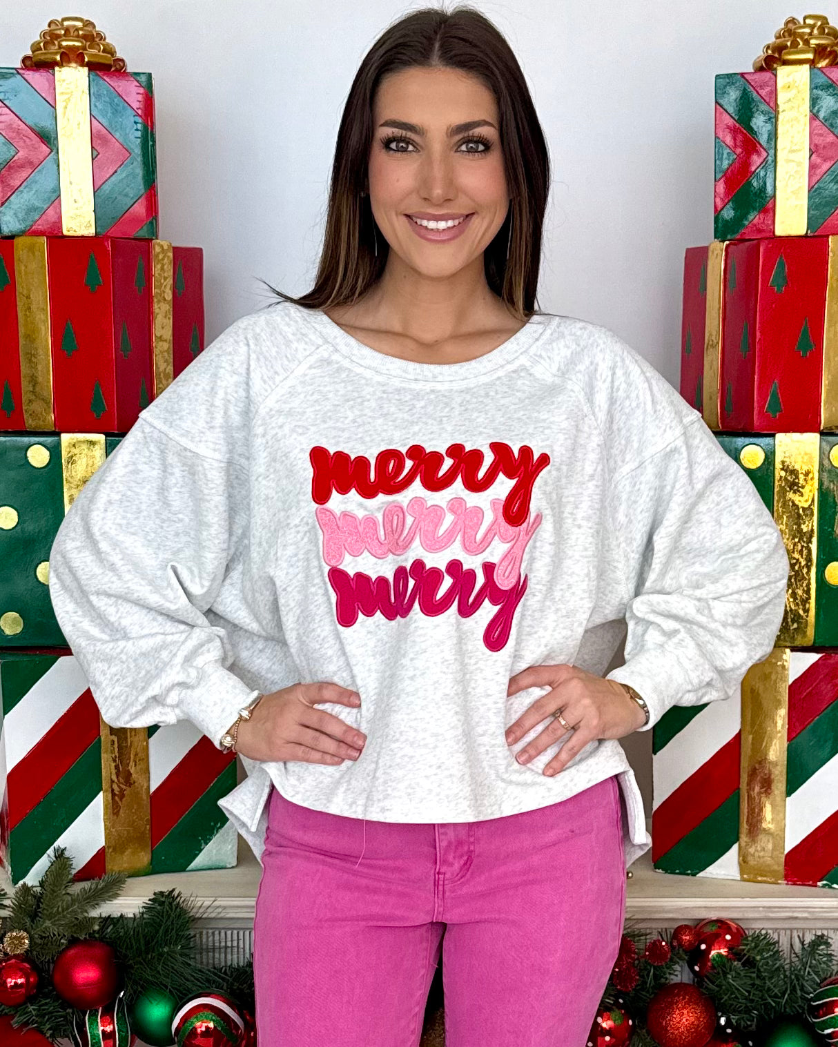 Holiday Wishes Twinkle Grey Merry Sweatshirt-Shop-Womens-Boutique-Clothing