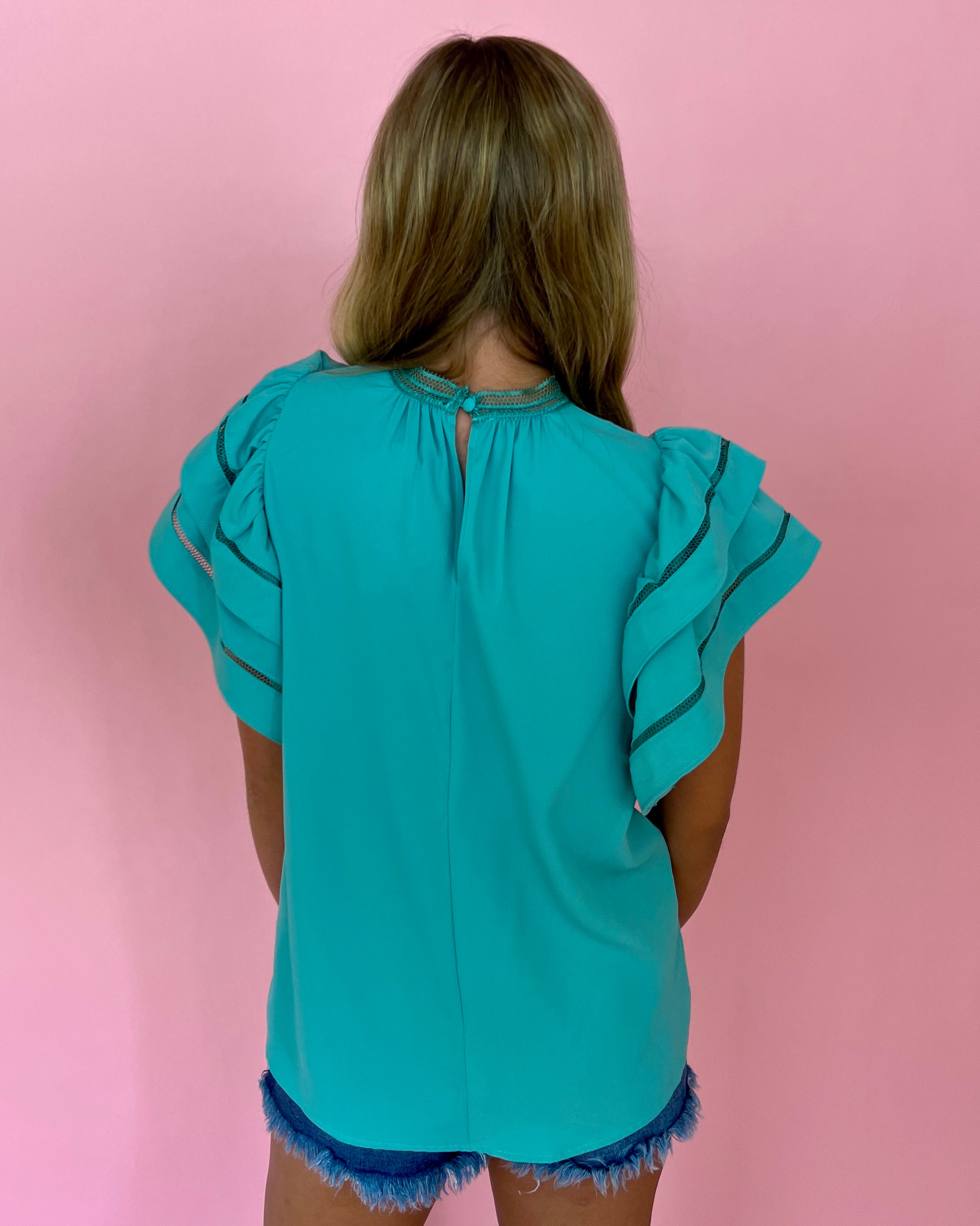 Sunny Days Aqua Double Layer Sleeve Mock Neck Top-Shop-Womens-Boutique-Clothing