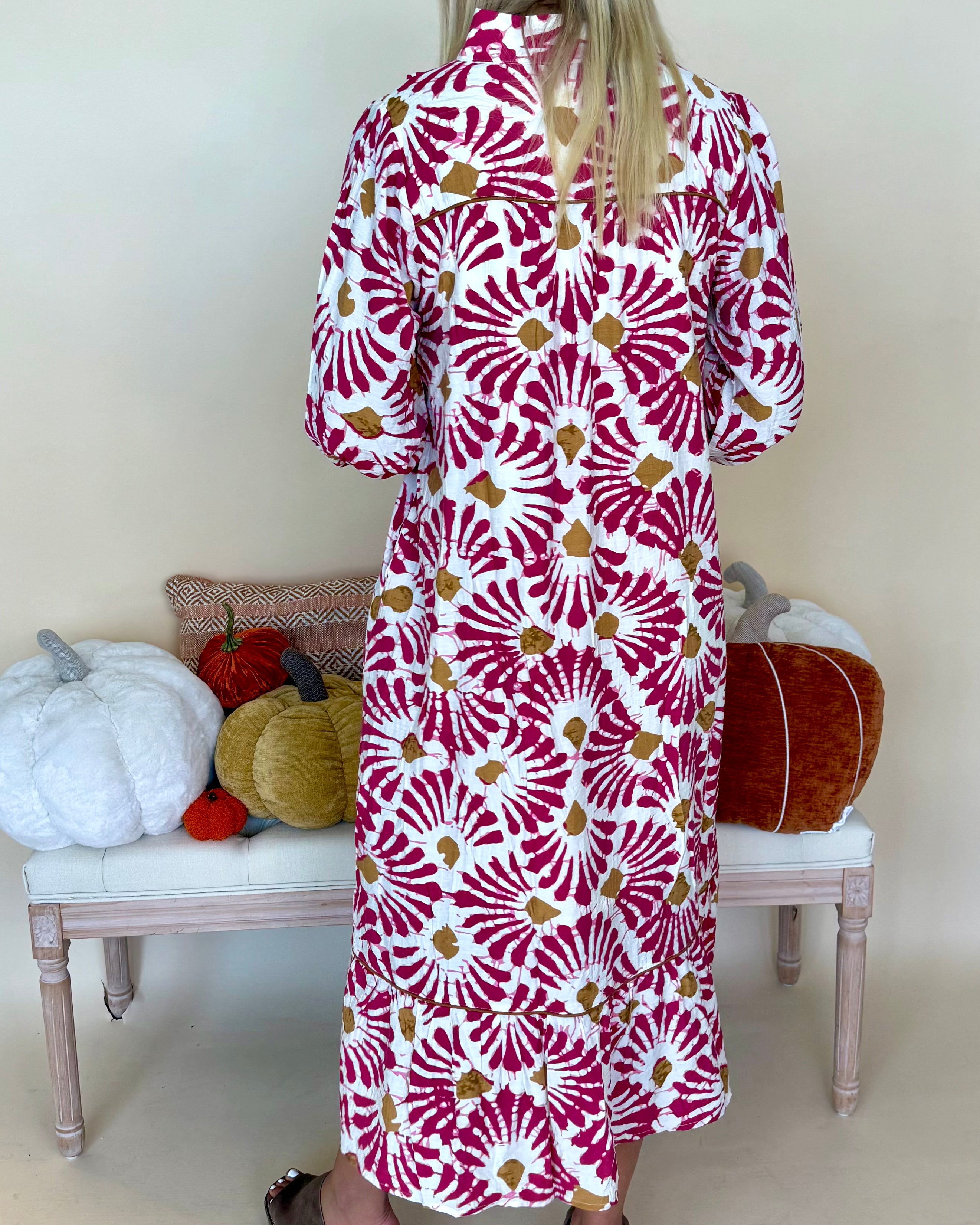 Midnight Garden Magenta Boho Print Midi Dress-Shop-Womens-Boutique-Clothing