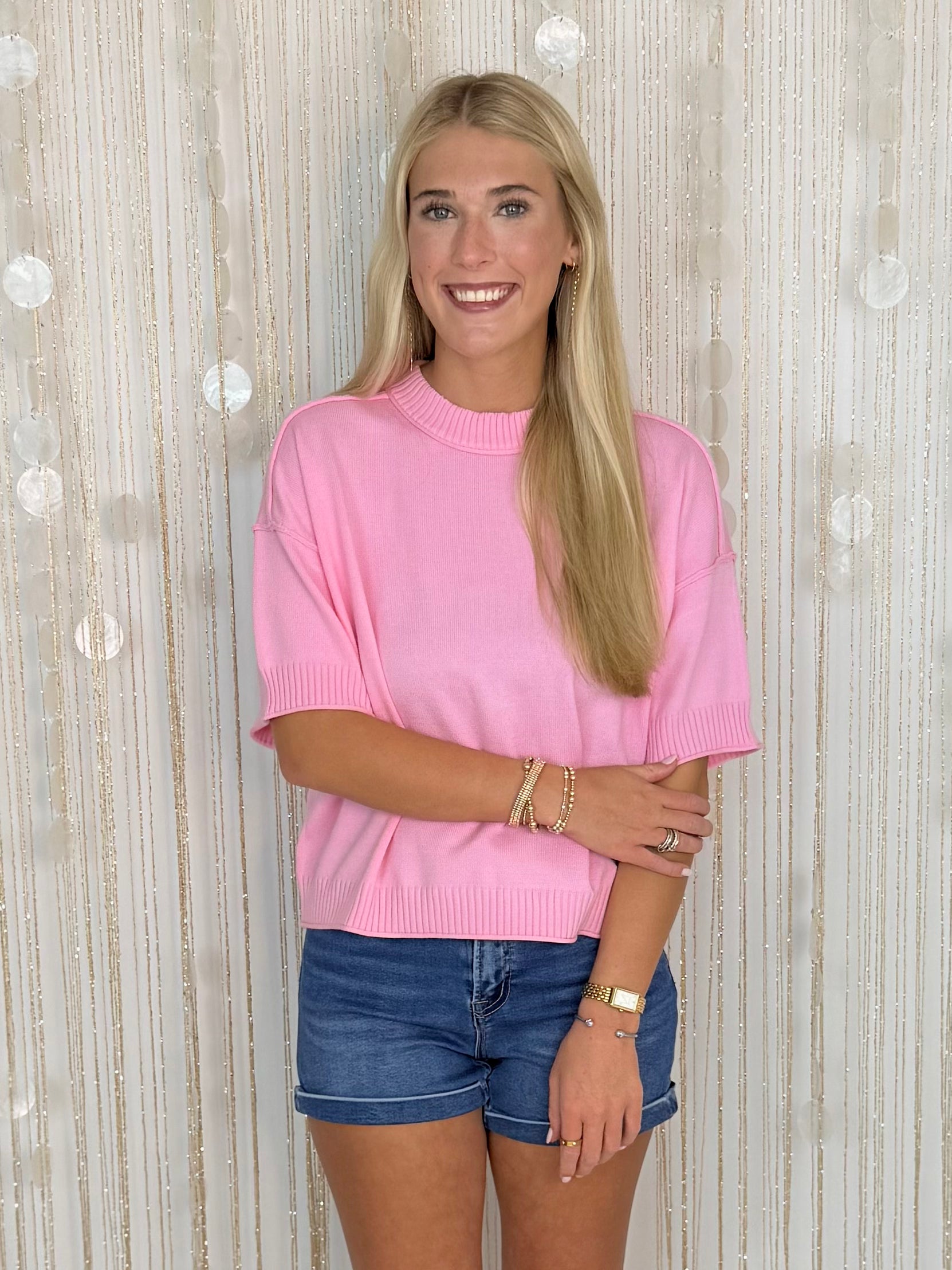 Clean Motion Pink 3/4 Sleeve Sweater-Shop-Womens-Boutique-Clothing
