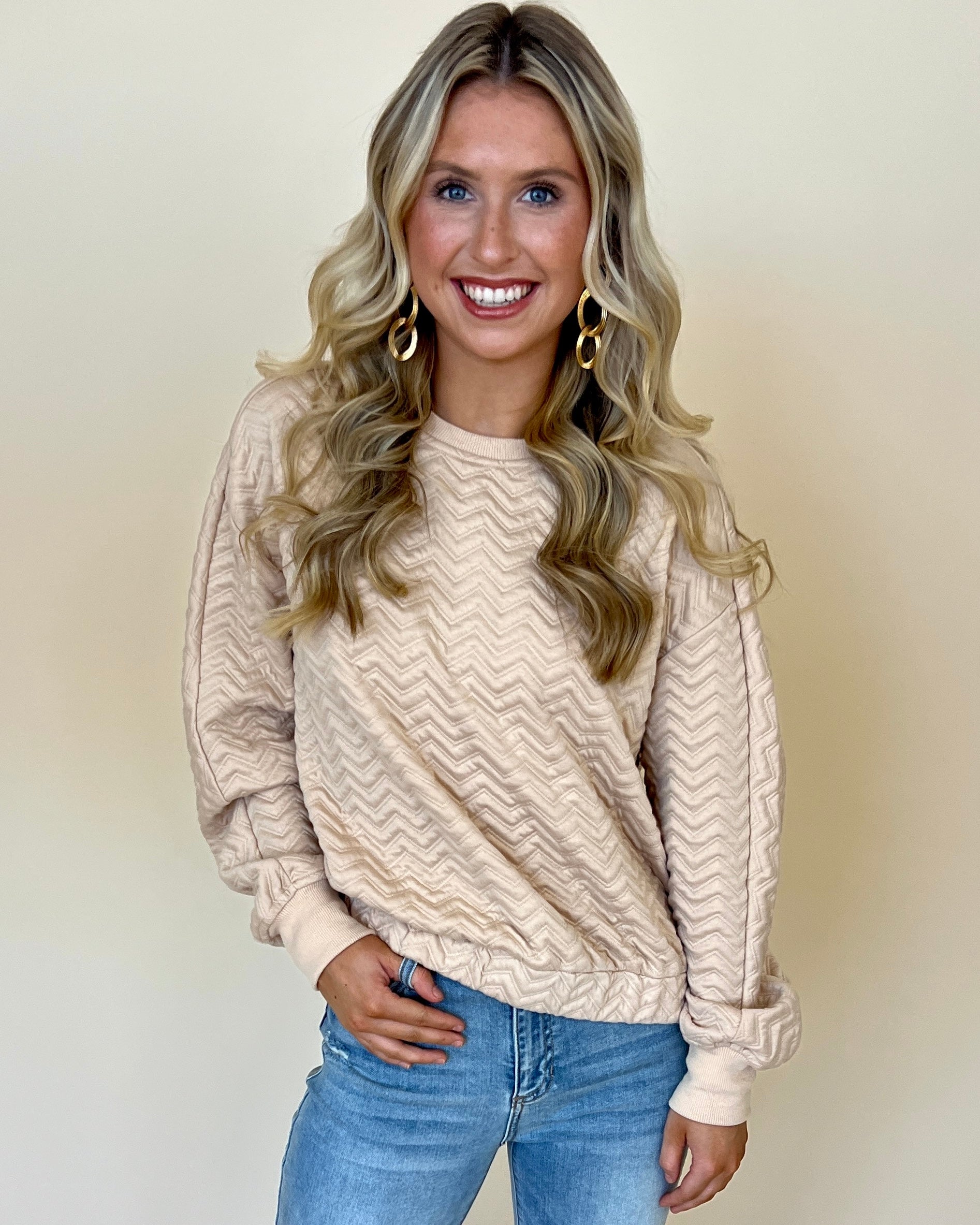 Easily Impressed Khaki Chevron Textured Top-Shop-Womens-Boutique-Clothing
