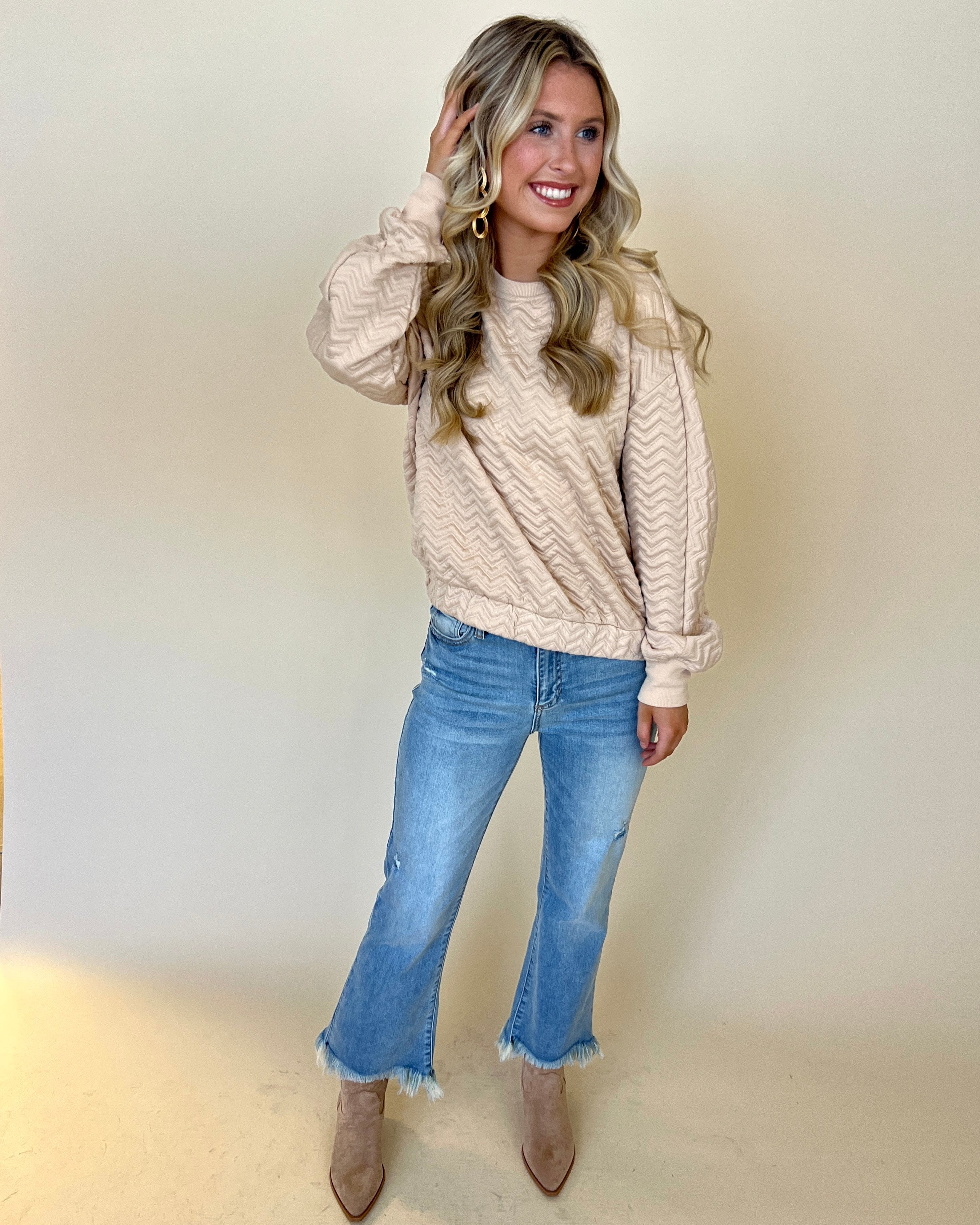Easily Impressed Khaki Chevron Textured Top-Shop-Womens-Boutique-Clothing