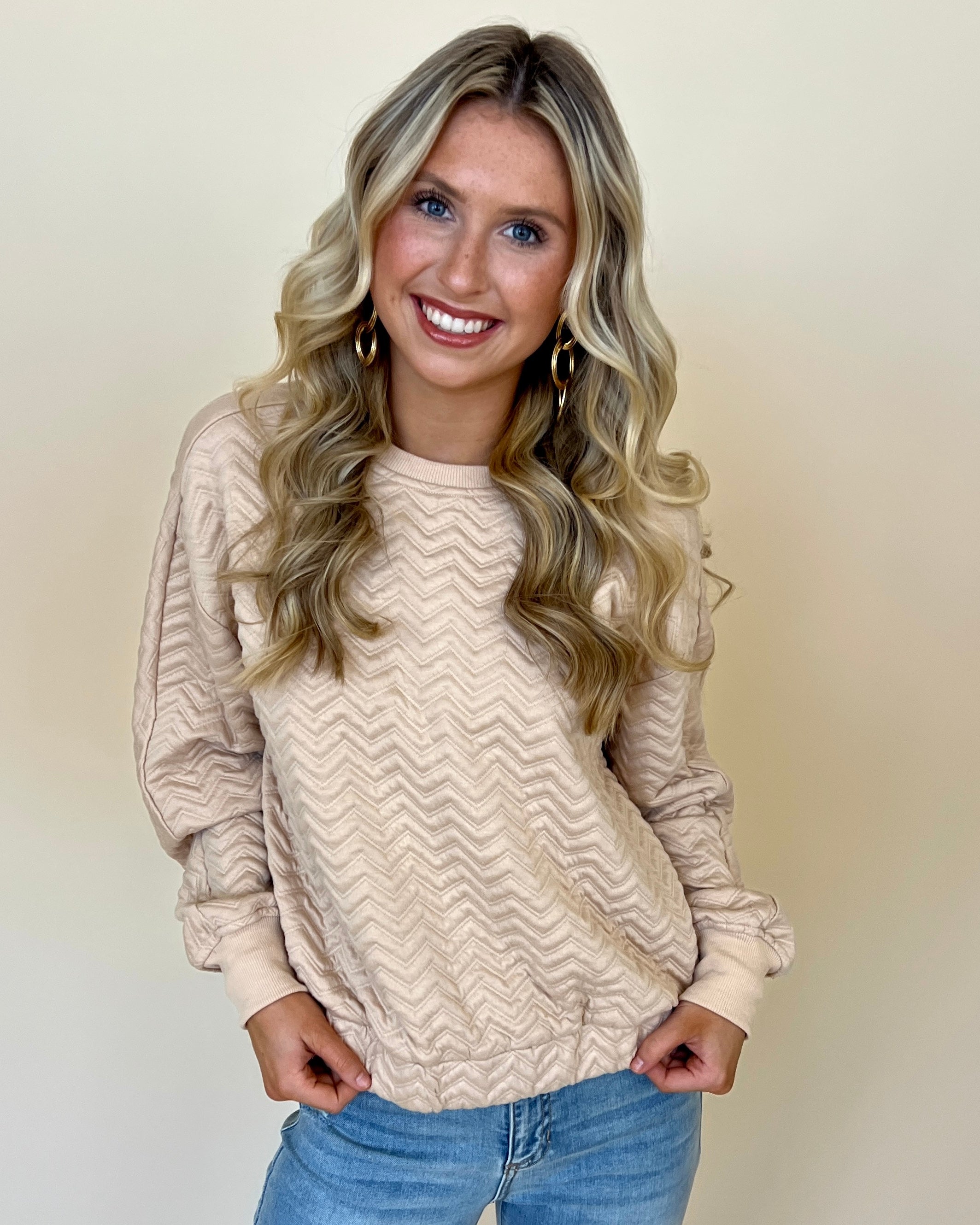 Easily Impressed Khaki Chevron Textured Top-Shop-Womens-Boutique-Clothing