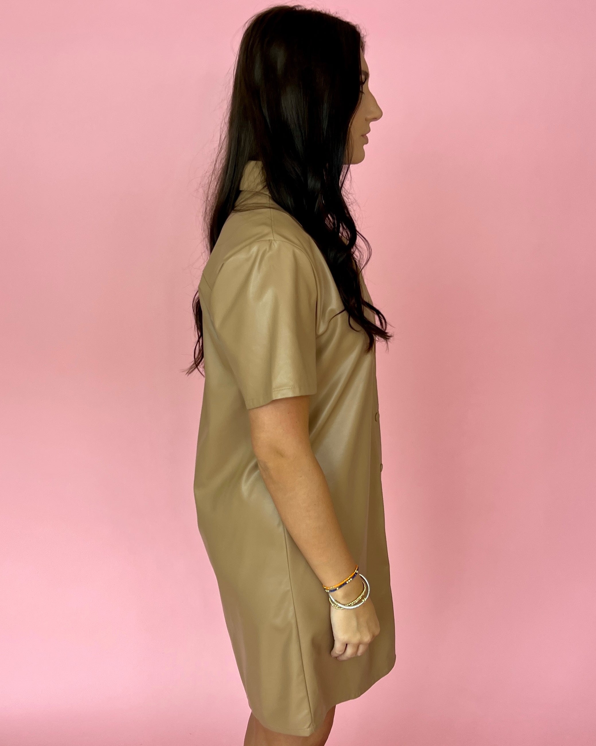Get Out There Camel Faux Leather Button Down Dress-Shop-Womens-Boutique-Clothing