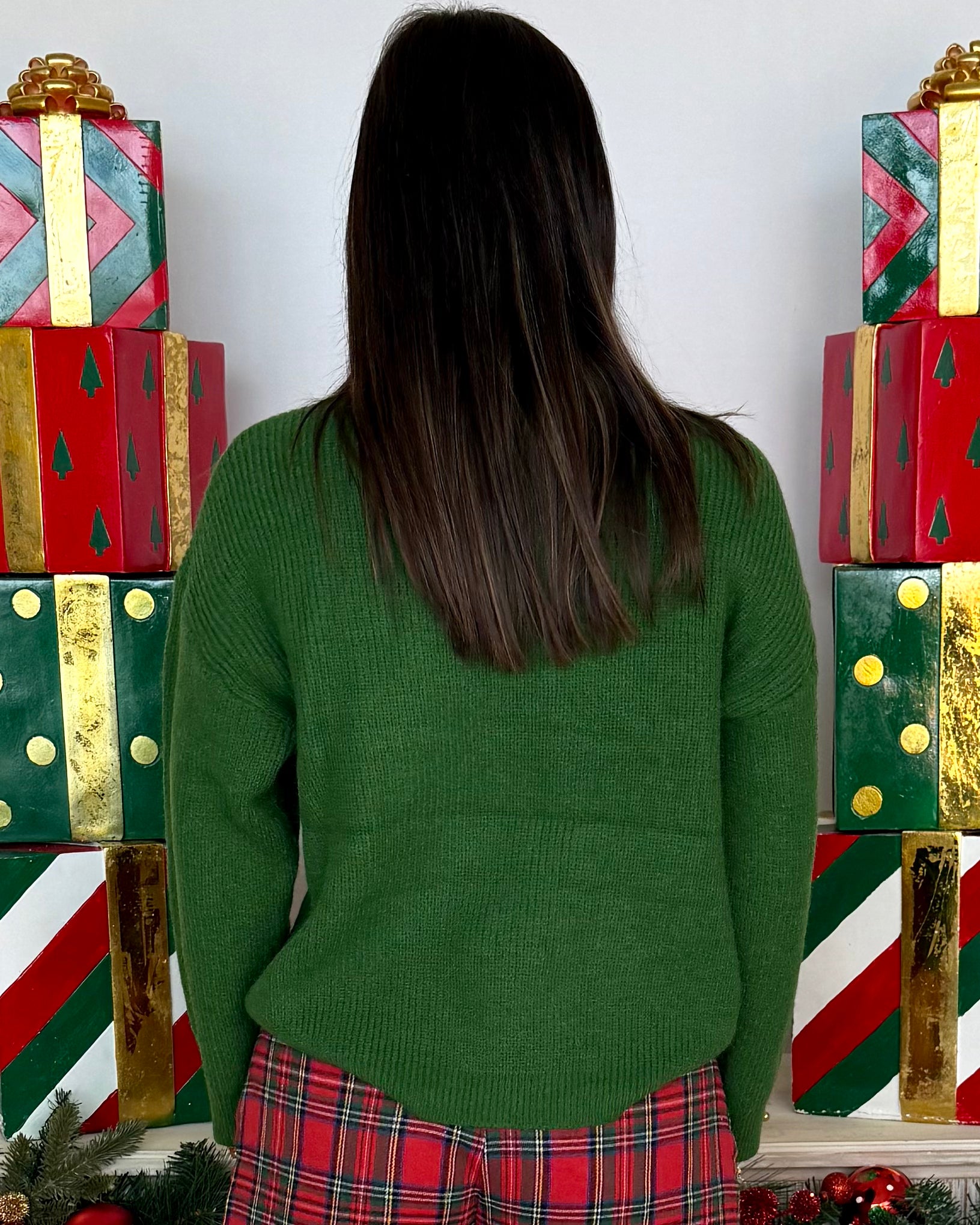 Seasons Greetings Green Plaid Ribbon Sweater-Shop-Womens-Boutique-Clothing