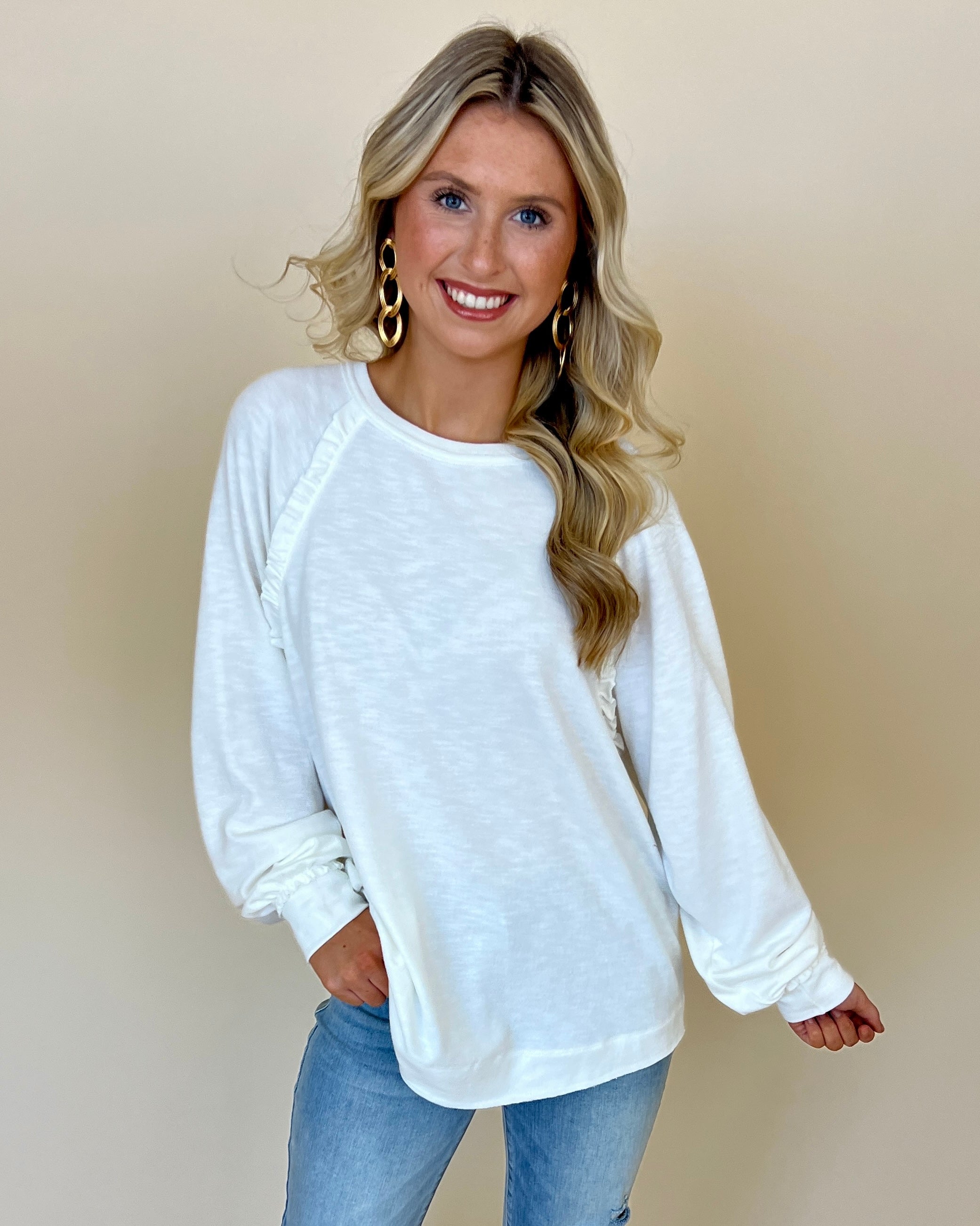 Clean Slate Ivory Ruffle Raglan Sleeve Top-Shop-Womens-Boutique-Clothing