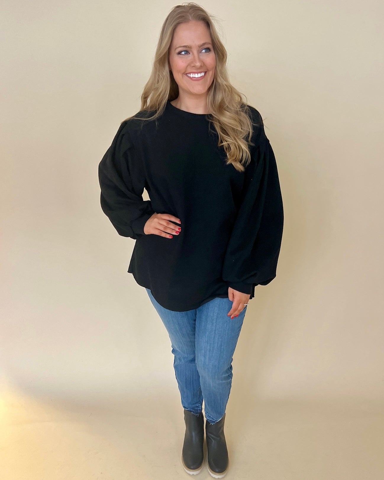 Coziest Place Black Plus Bubble Sleeve Sweatshirt-Shop-Womens-Boutique-Clothing