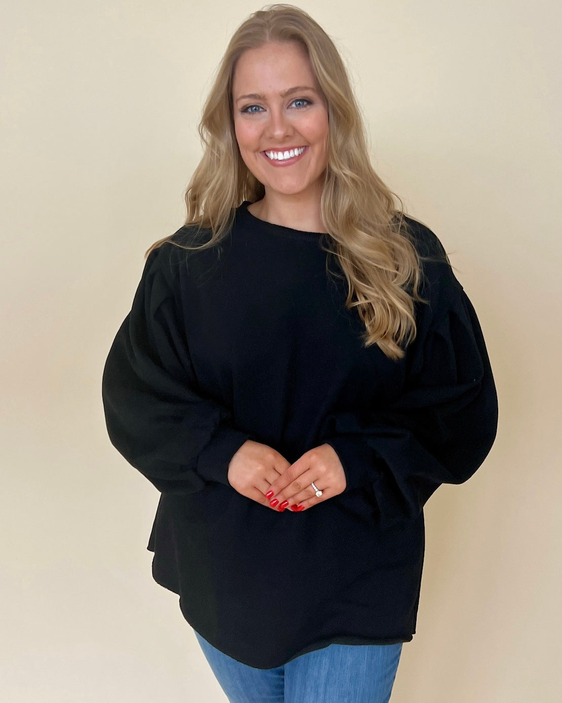 Coziest Place Black Plus Bubble Sleeve Sweatshirt-Shop-Womens-Boutique-Clothing