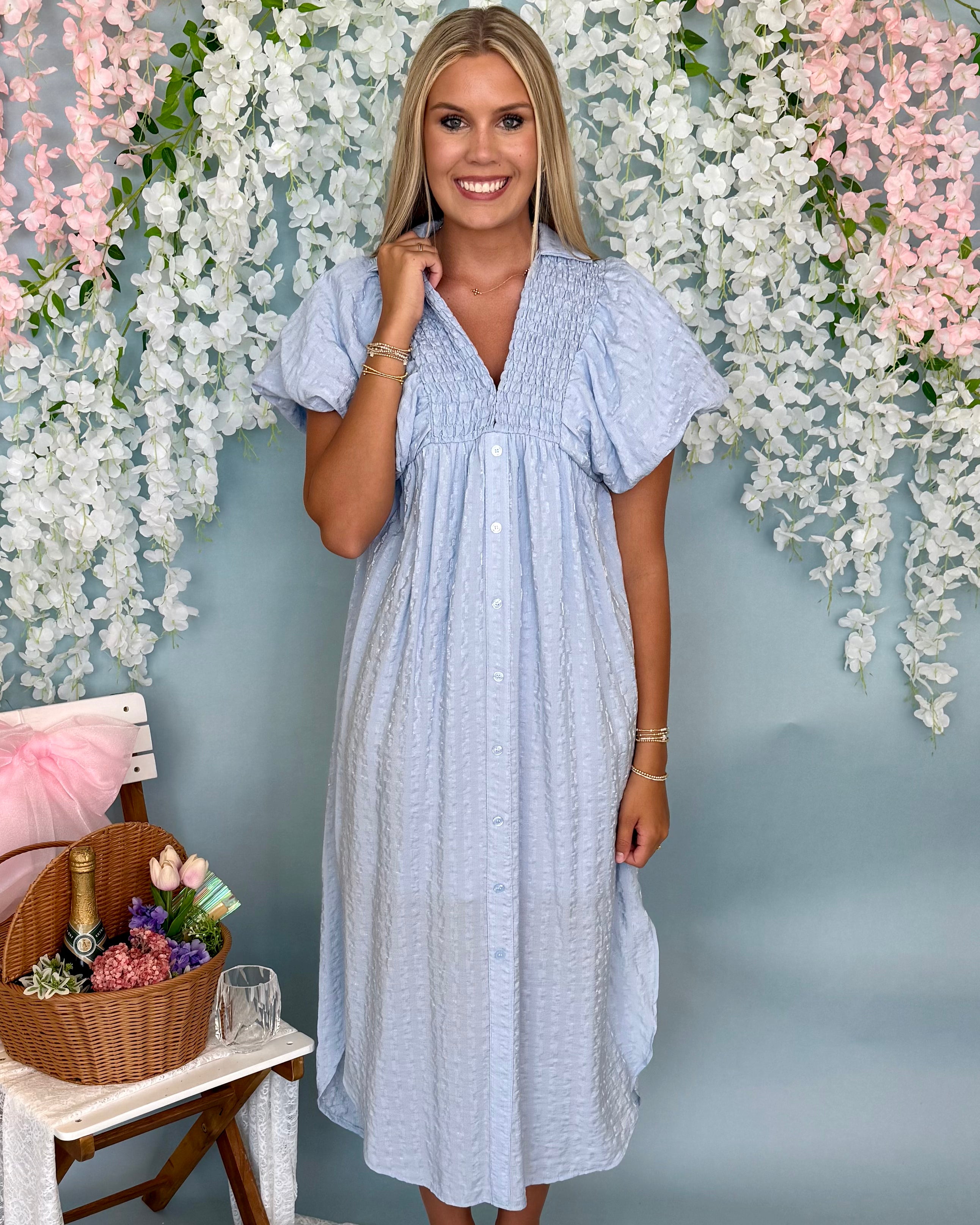 Your Wish Baby Blue Textured Midi Dress-Shop-Womens-Boutique-Clothing