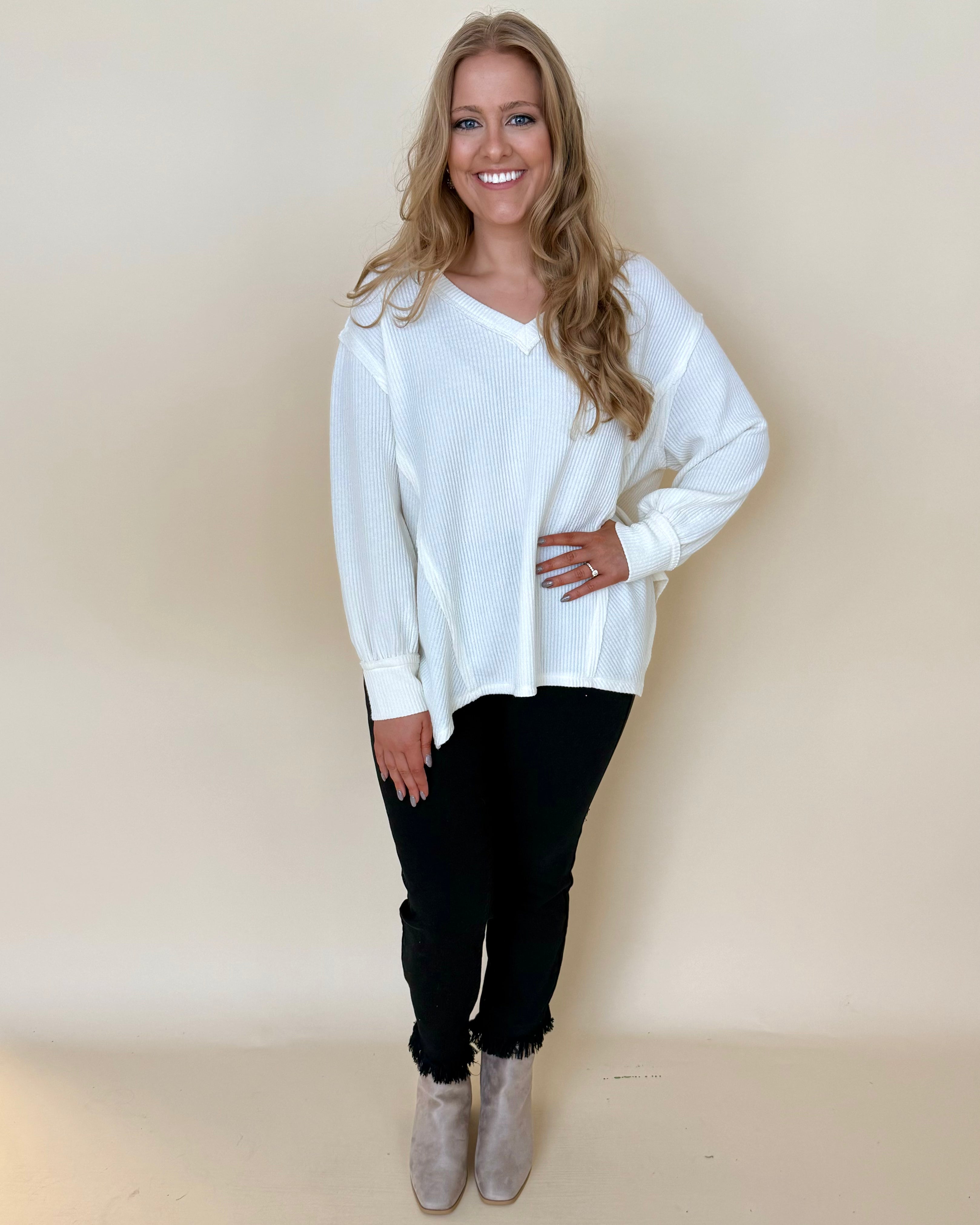 Set Out Cream Plus V-Neck Top-Shop-Womens-Boutique-Clothing