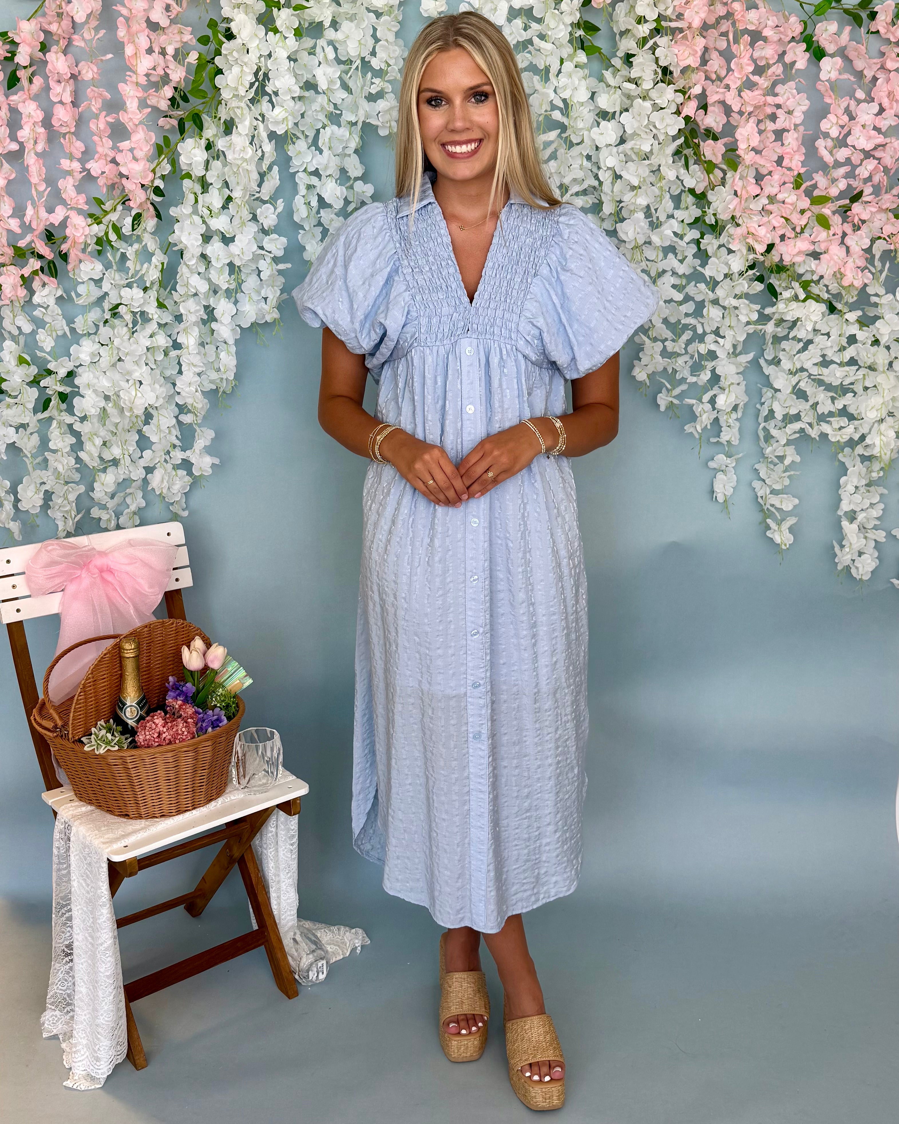 Your Wish Baby Blue Textured Midi Dress-Shop-Womens-Boutique-Clothing