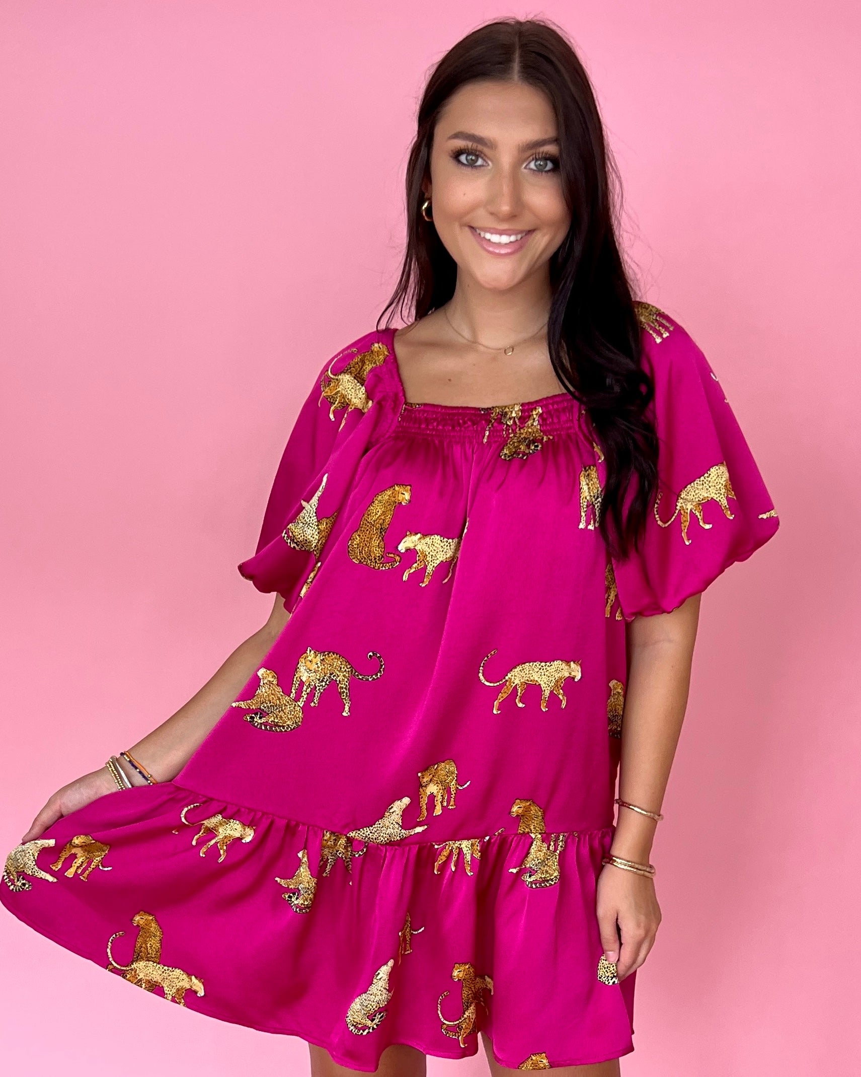 Another Day Ahead Plum Leopard Satin Puff Sleeve Dress-Shop-Womens-Boutique-Clothing