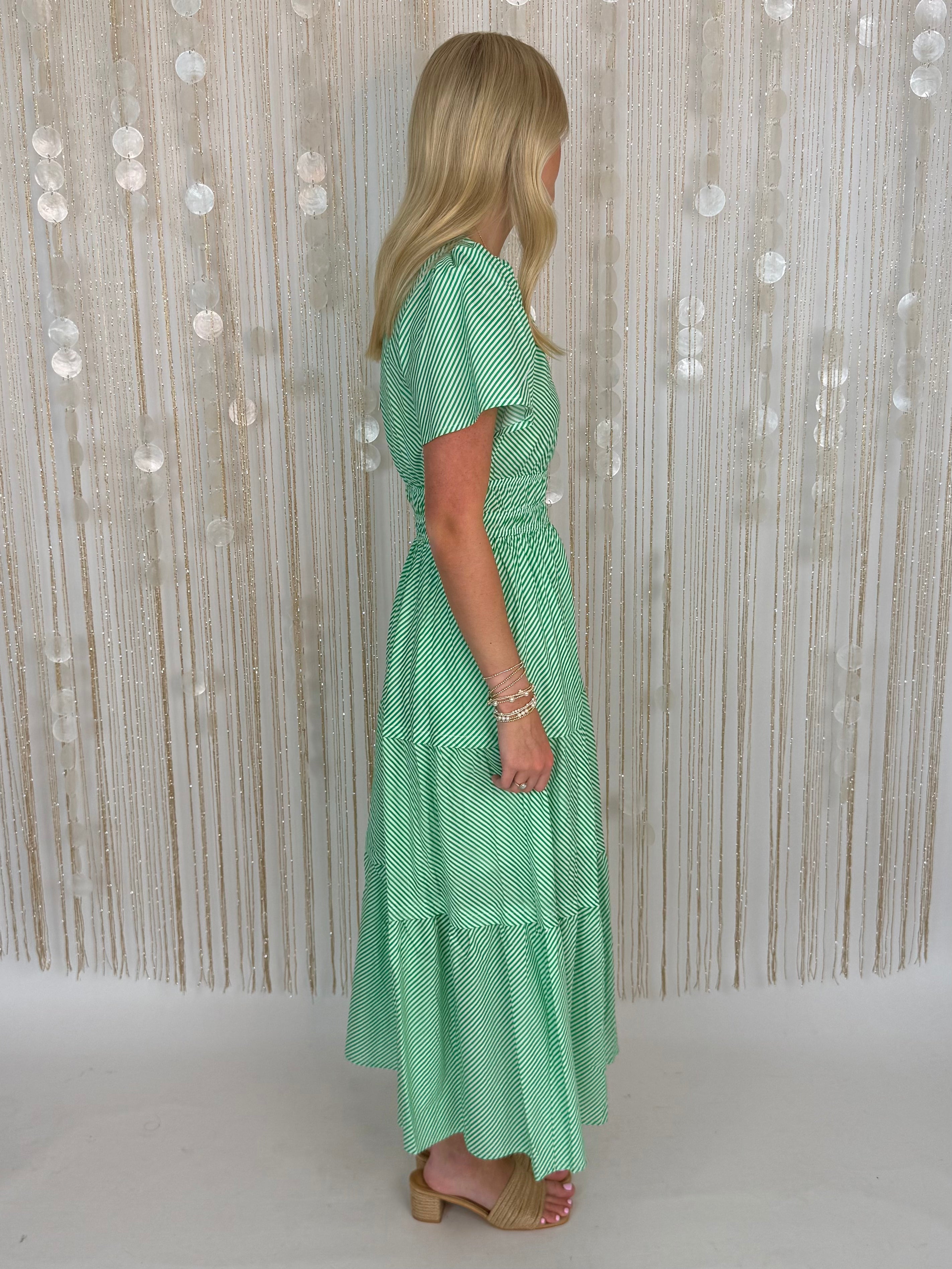 Call It Love Green Striped Smocked Midi Dress-Shop-Womens-Boutique-Clothing