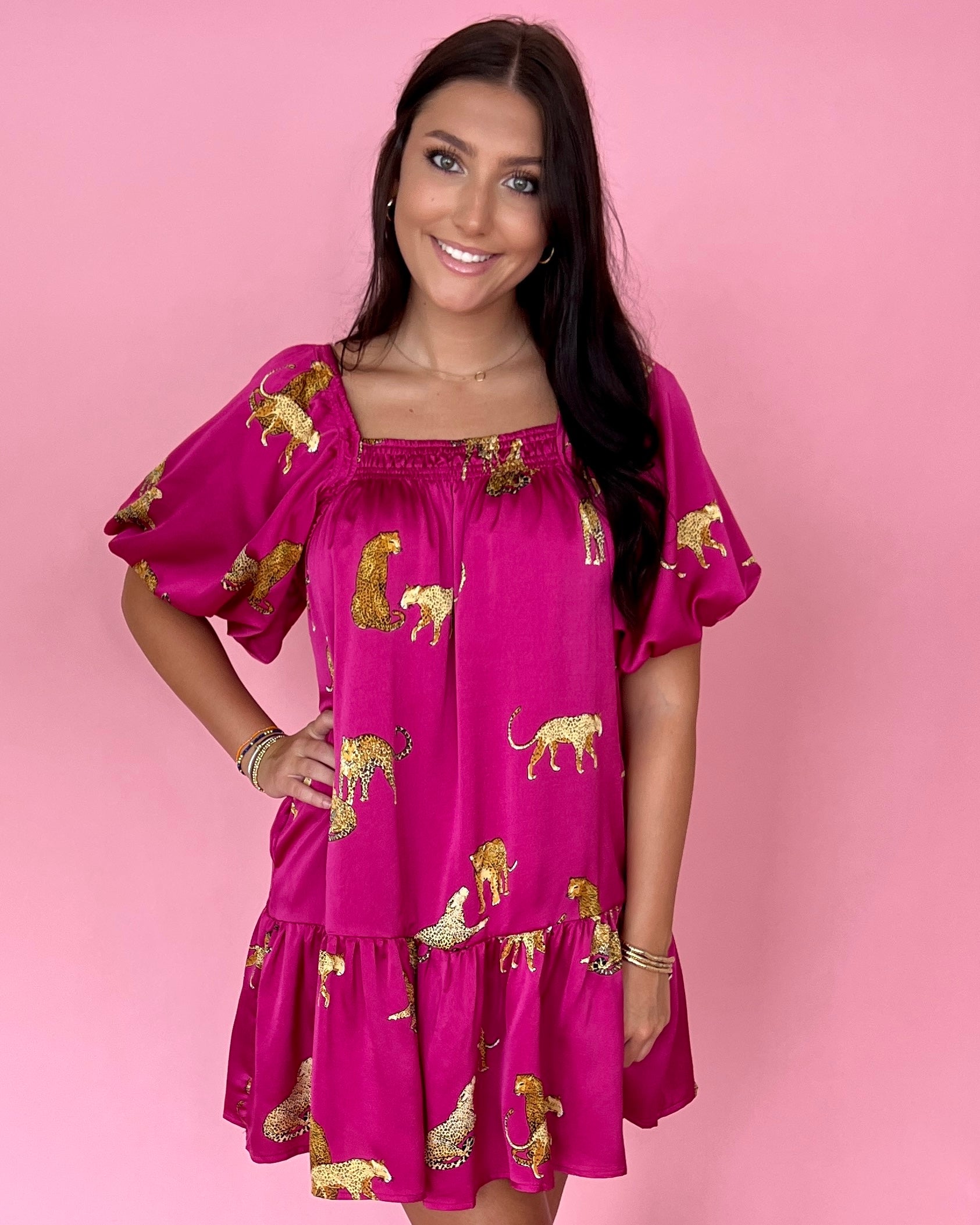 Another Day Ahead Plum Leopard Satin Puff Sleeve Dress-Shop-Womens-Boutique-Clothing
