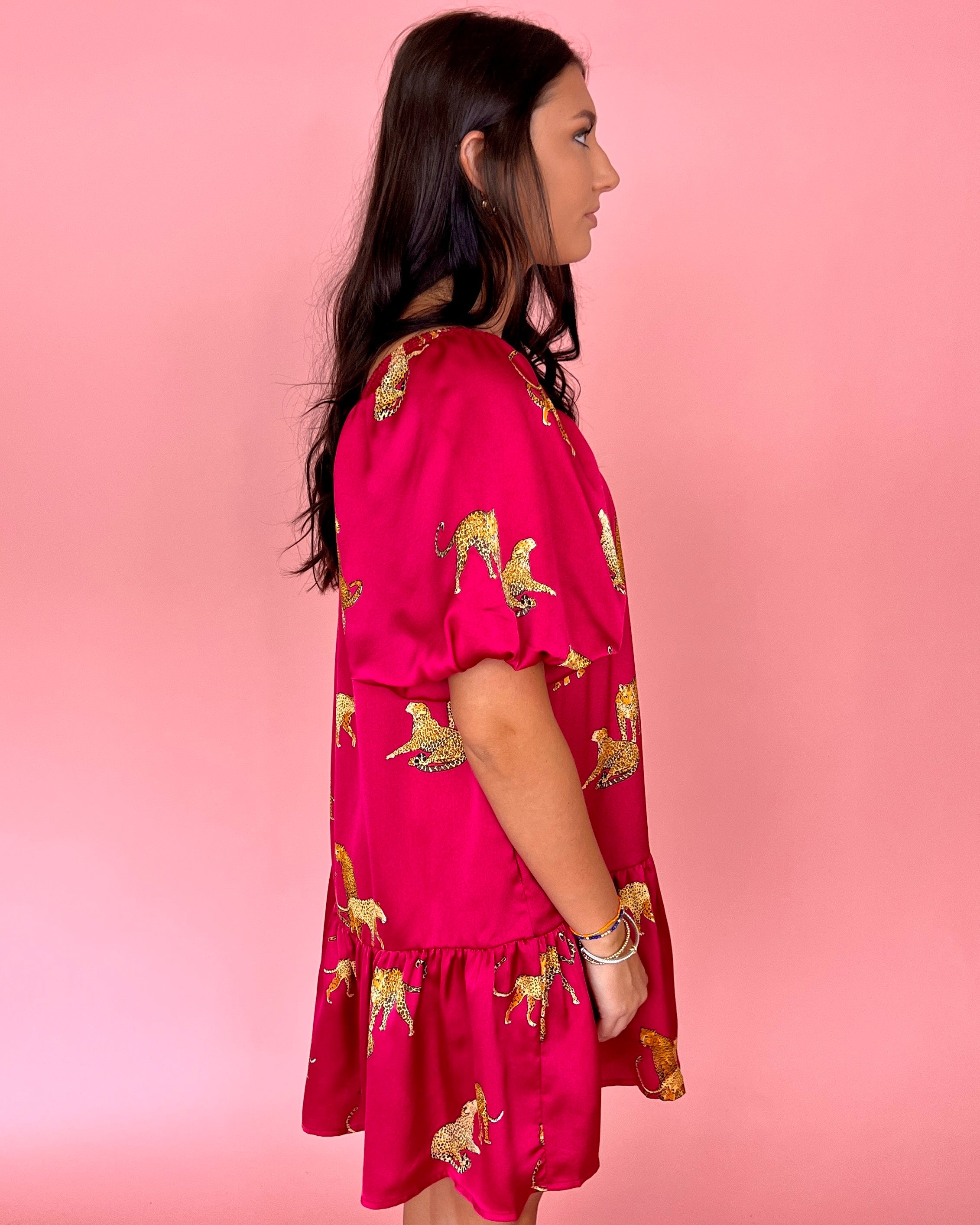 Another Day Ahead Plum Leopard Satin Puff Sleeve Dress-Shop-Womens-Boutique-Clothing