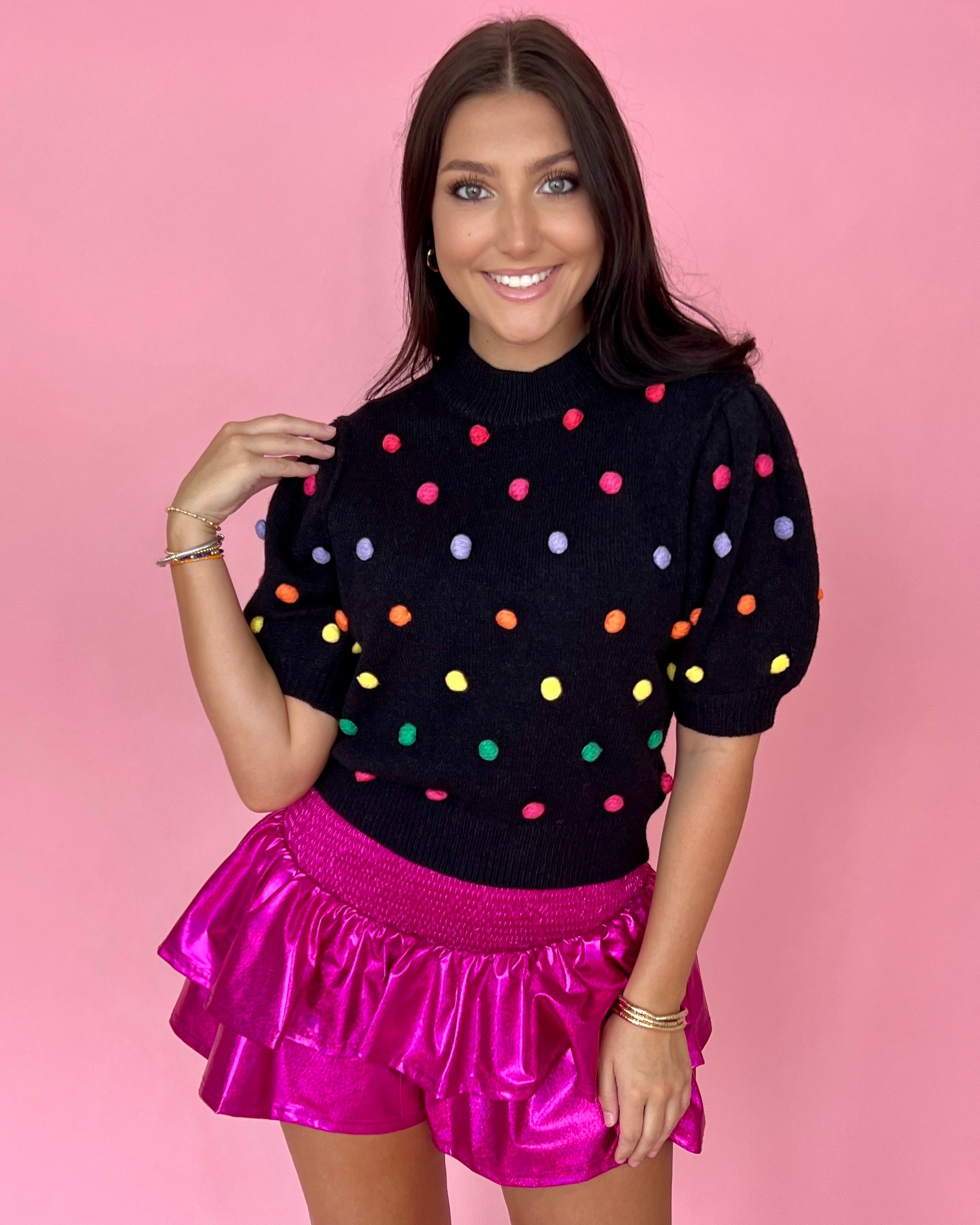Looking At Her Black Pom Pom Puff Sleeve Sweater-Shop-Womens-Boutique-Clothing