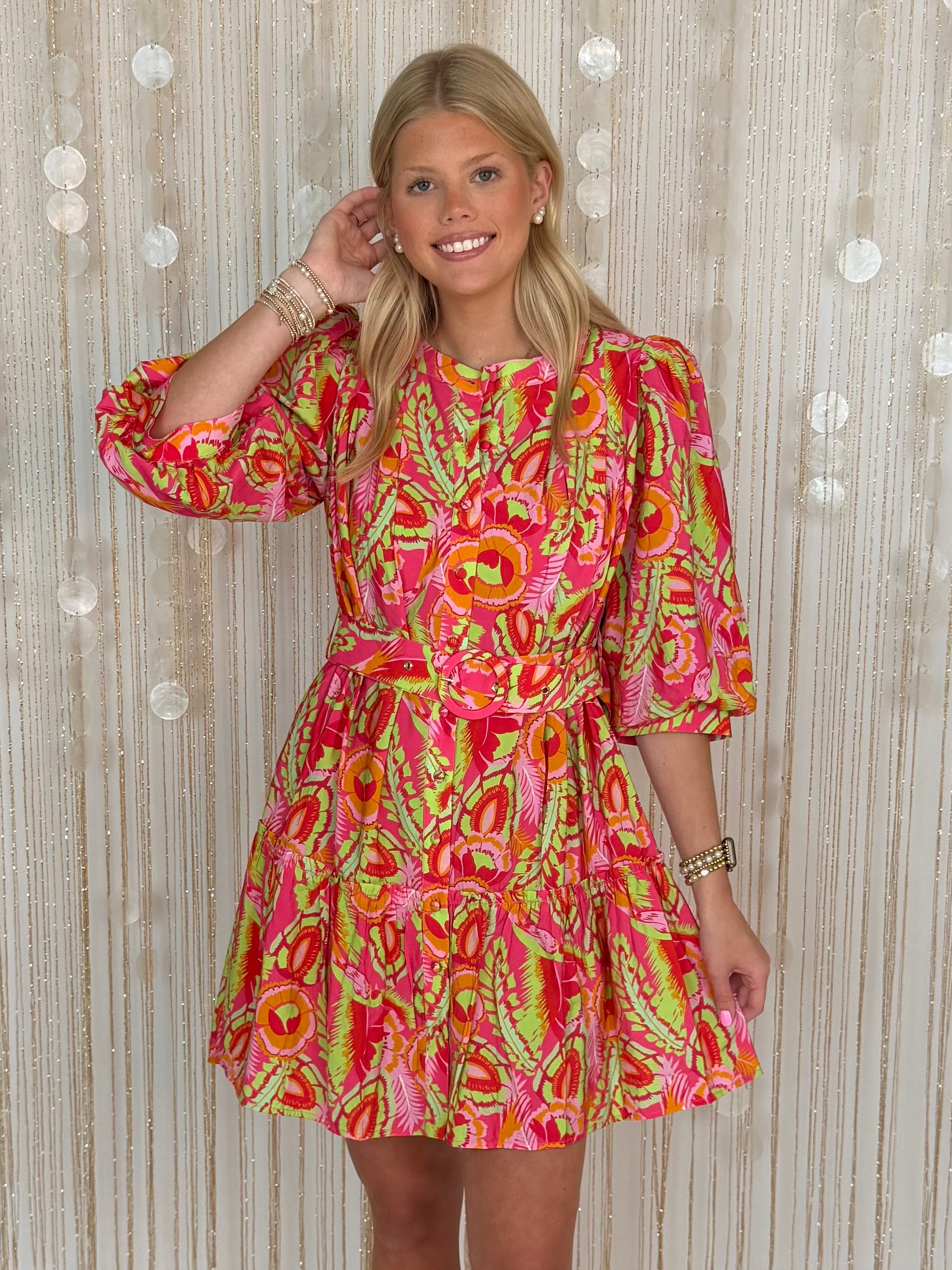 Butterfly Bloom Multi-Flower Belted Dress-Shop-Womens-Boutique-Clothing