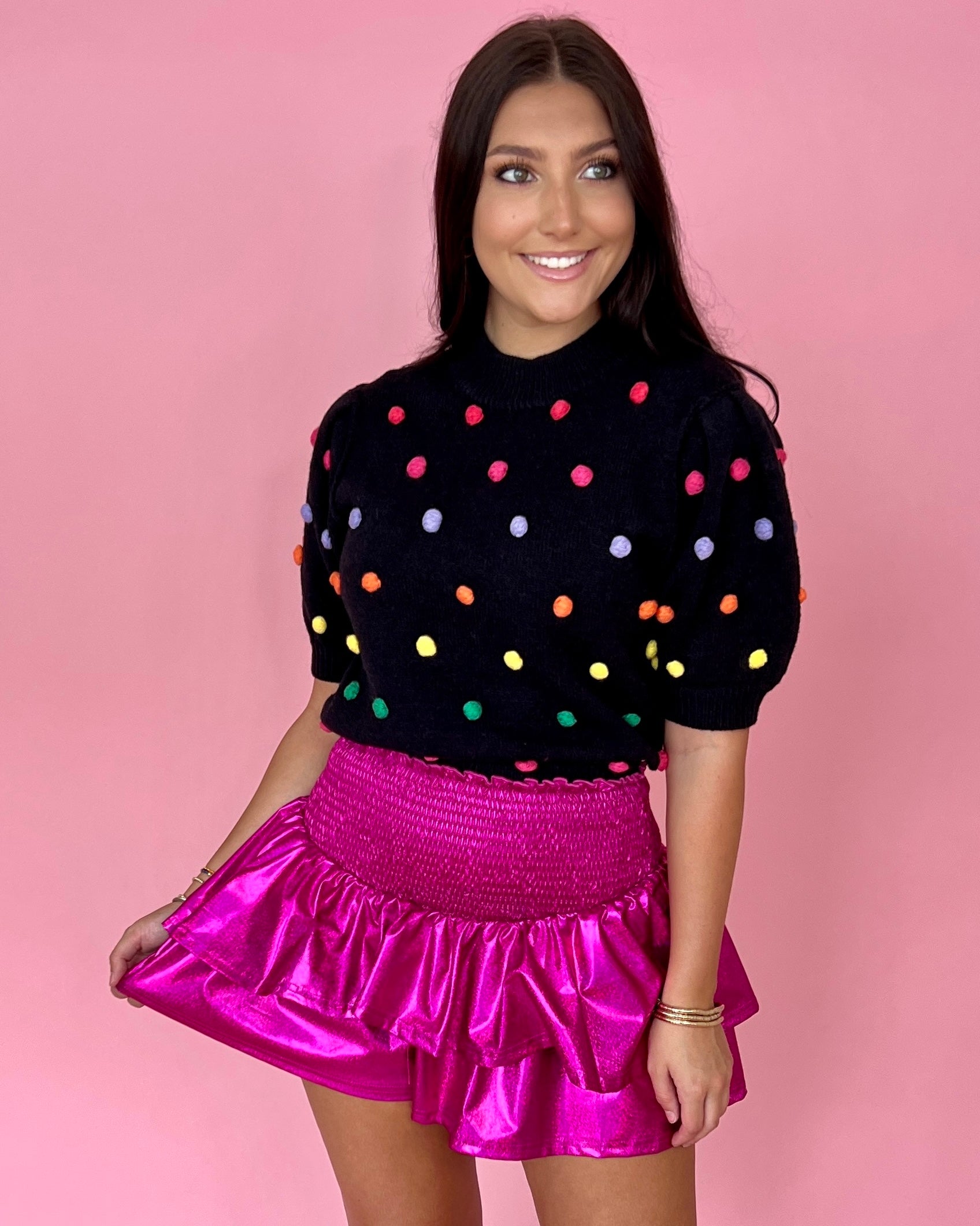 Looking At Her Black Pom Pom Puff Sleeve Sweater-Shop-Womens-Boutique-Clothing