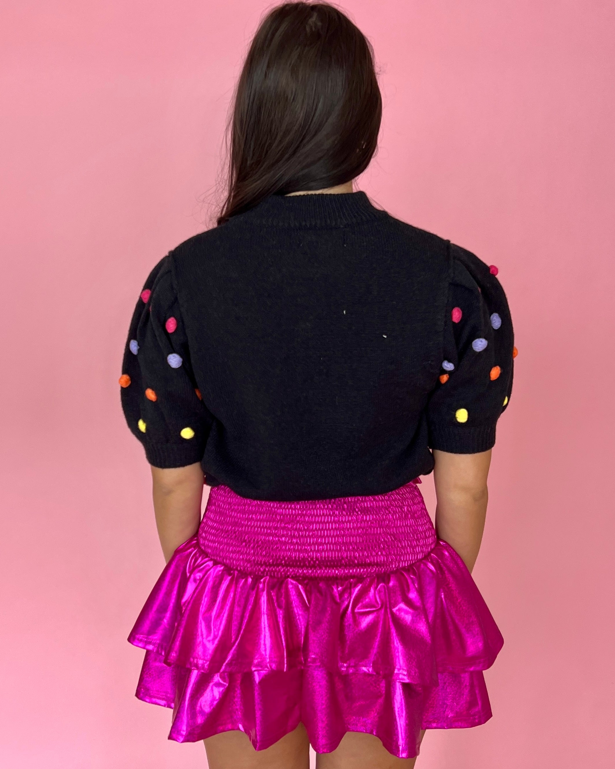 Looking At Her Black Pom Pom Puff Sleeve Sweater-Shop-Womens-Boutique-Clothing
