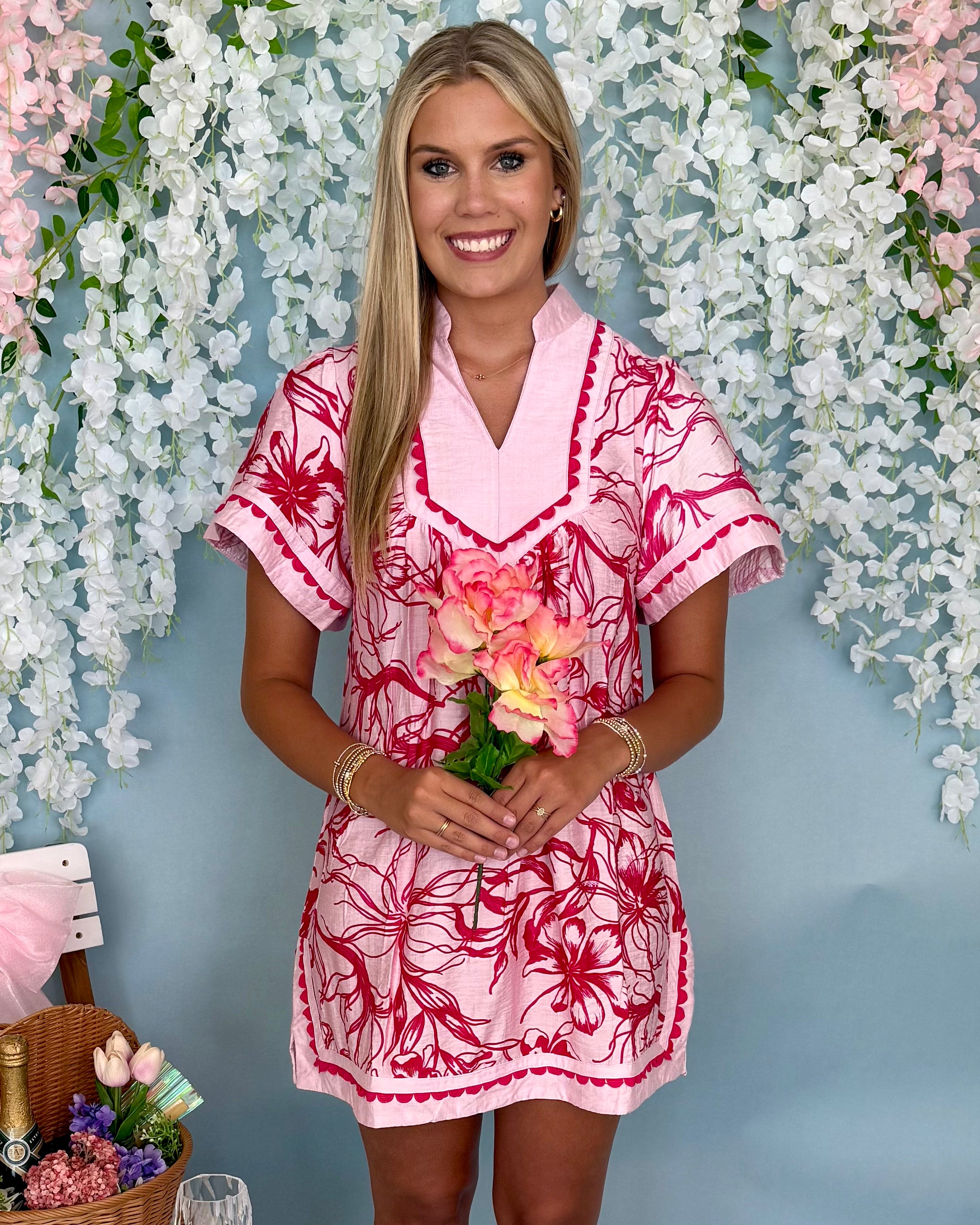 Ocean Views Pink Floral V-Neck Dress-Shop-Womens-Boutique-Clothing