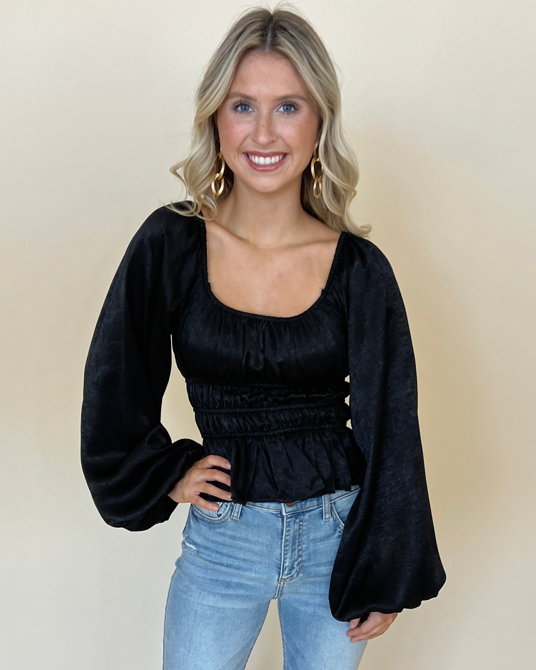 Perfect For You Black Smocked Satin Crop Top-Shop-Womens-Boutique-Clothing