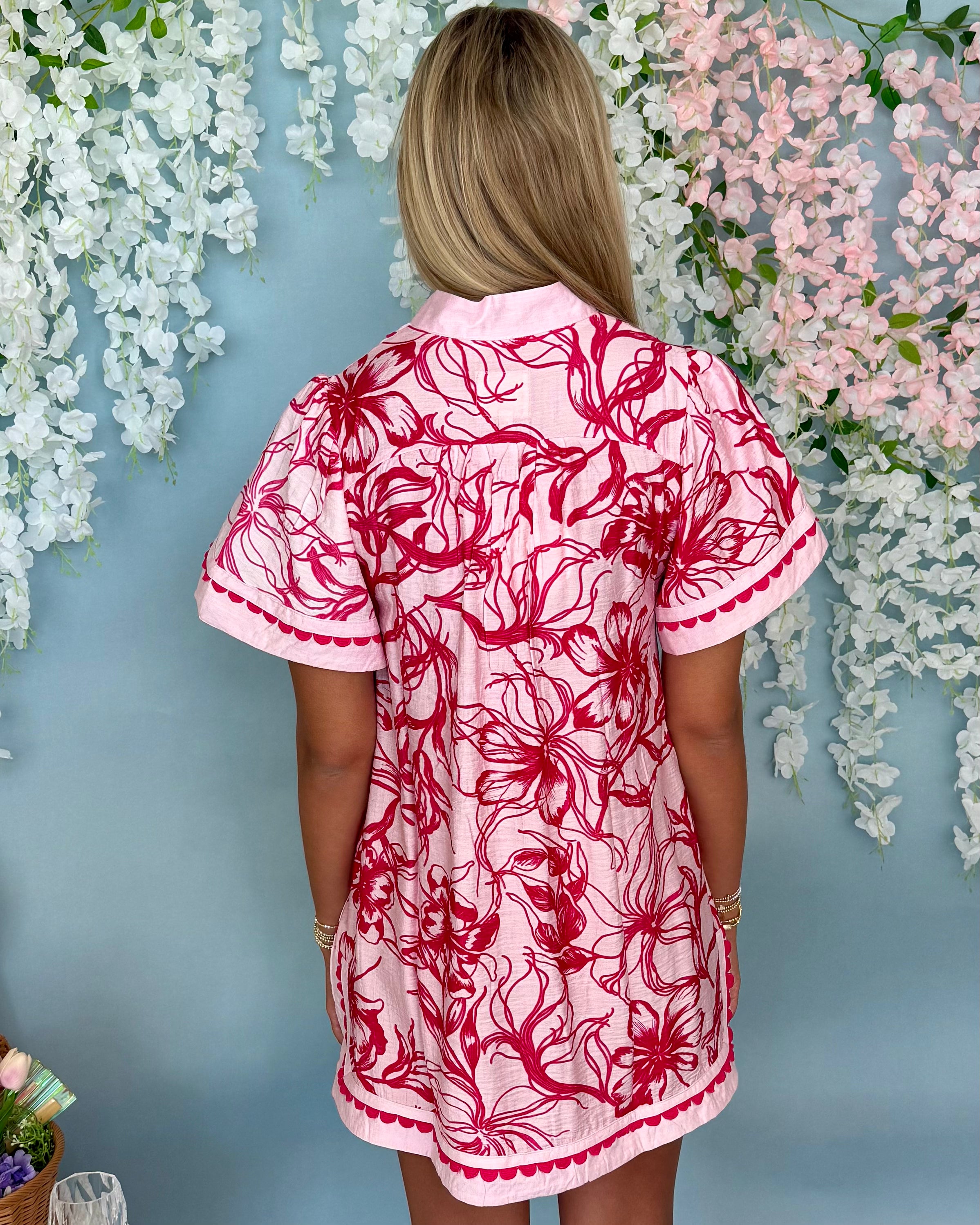 Ocean Views Pink Floral V-Neck Dress-Shop-Womens-Boutique-Clothing