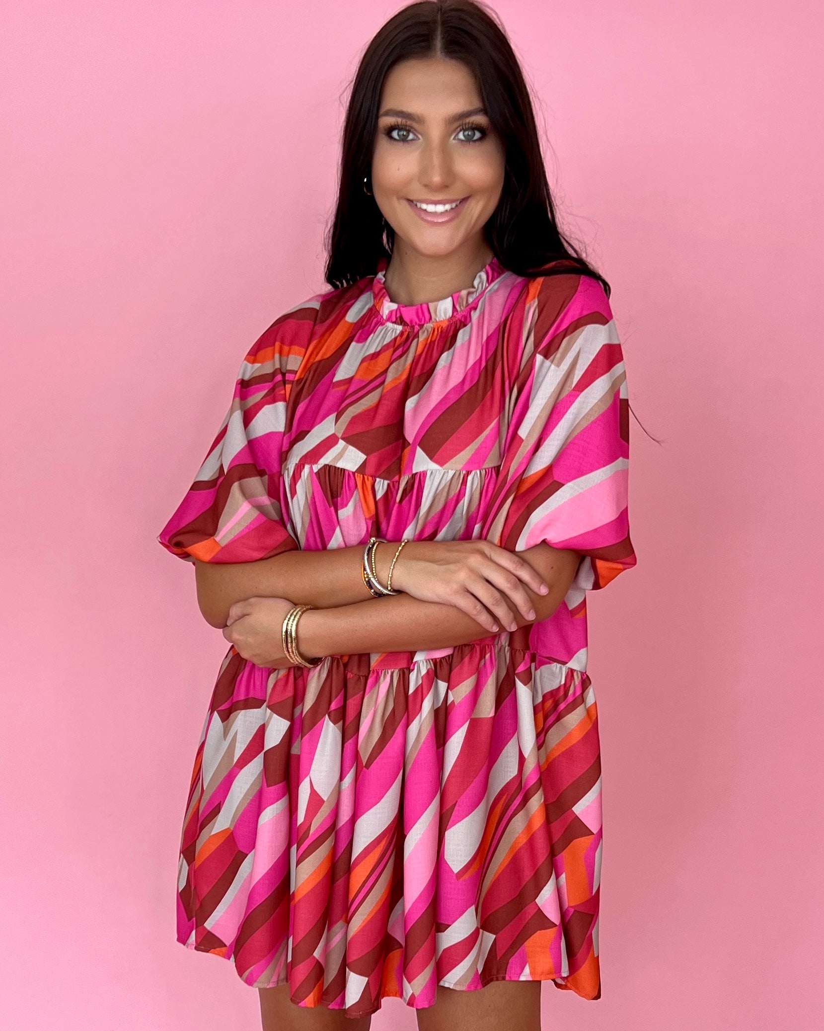 Just A Moment Fuchsia/Orange Geo Print Ruffle Dress-Shop-Womens-Boutique-Clothing